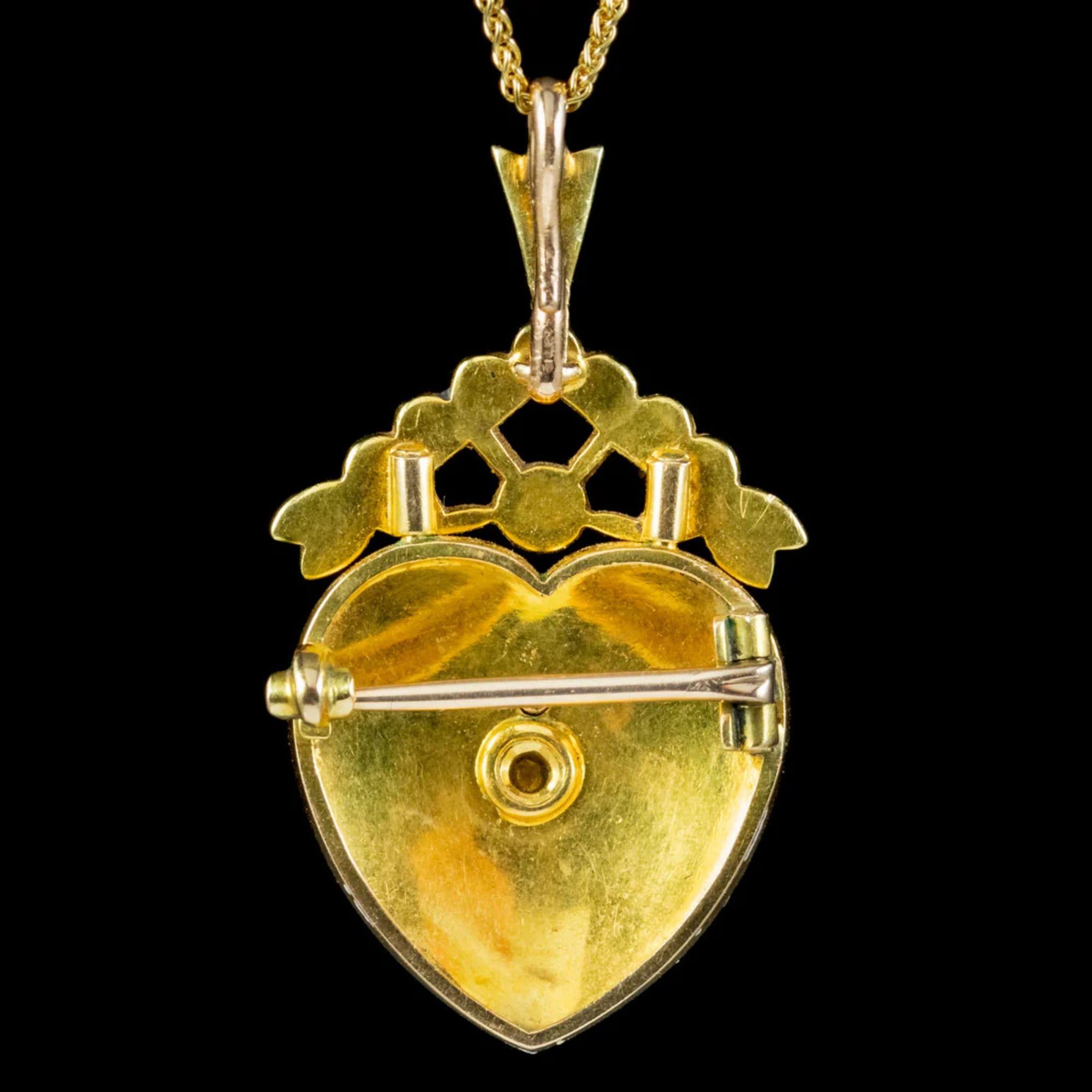 Edwardian Pearl Heart Pendant Necklace in 18Ct Gold Blue Enamel, circa 1901-1910 In Good Condition For Sale In Kendal, GB