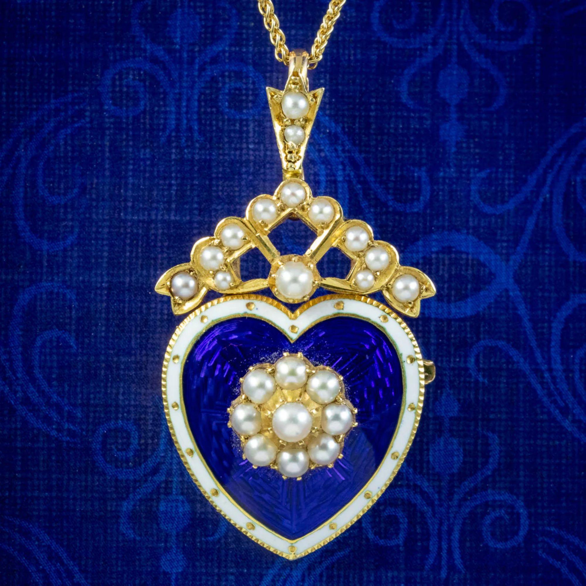 Edwardian Pearl Heart Pendant Necklace in 18Ct Gold Blue Enamel, circa 1901-1910 For Sale 1