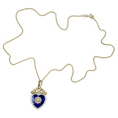 Edwardian Pearl Heart Pendant Necklace in 18Ct Gold Blue Enamel, circa 1901-1910