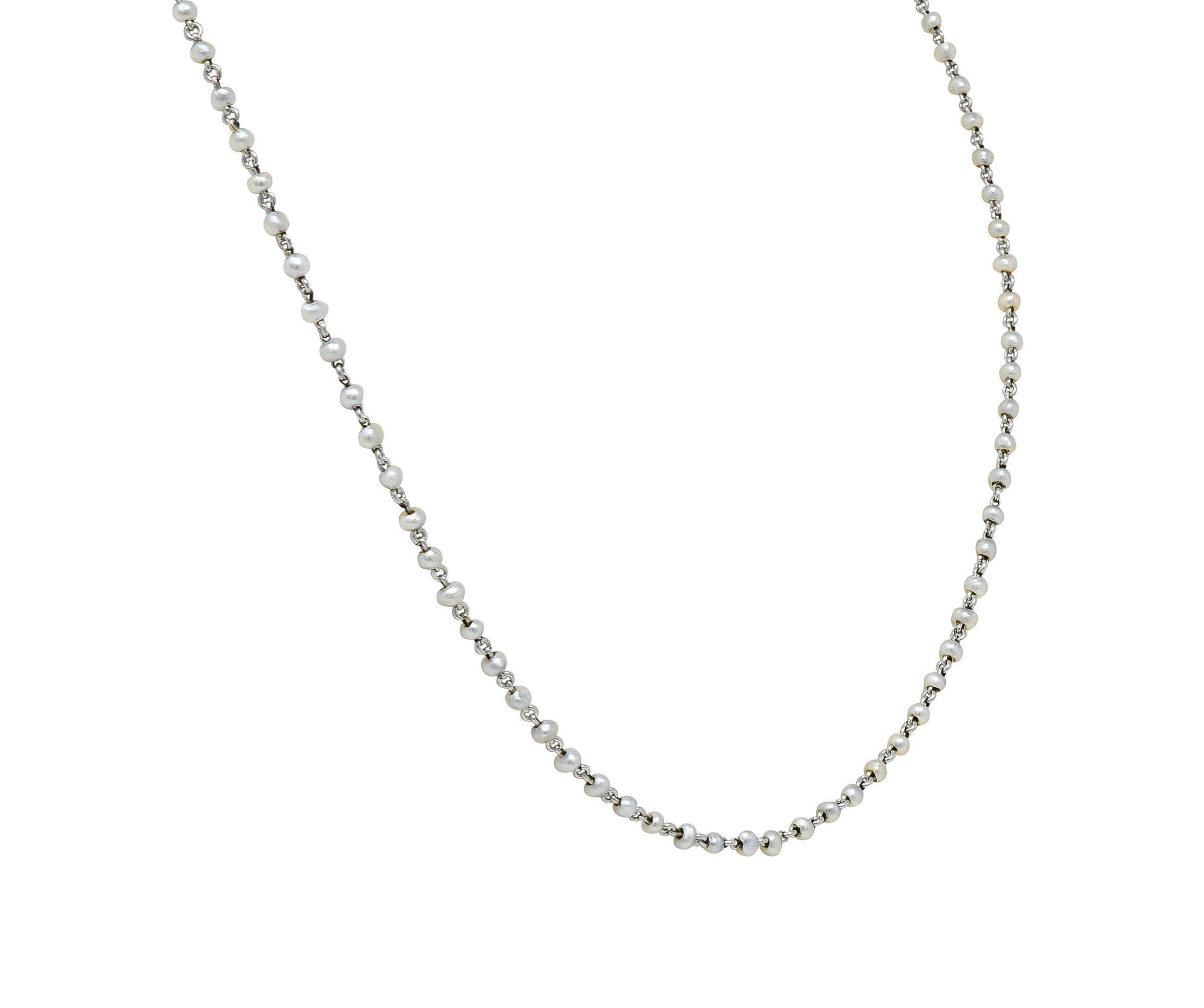 Women's or Men's Edwardian Pearl Platinum Beaded Antique Chain Necklace