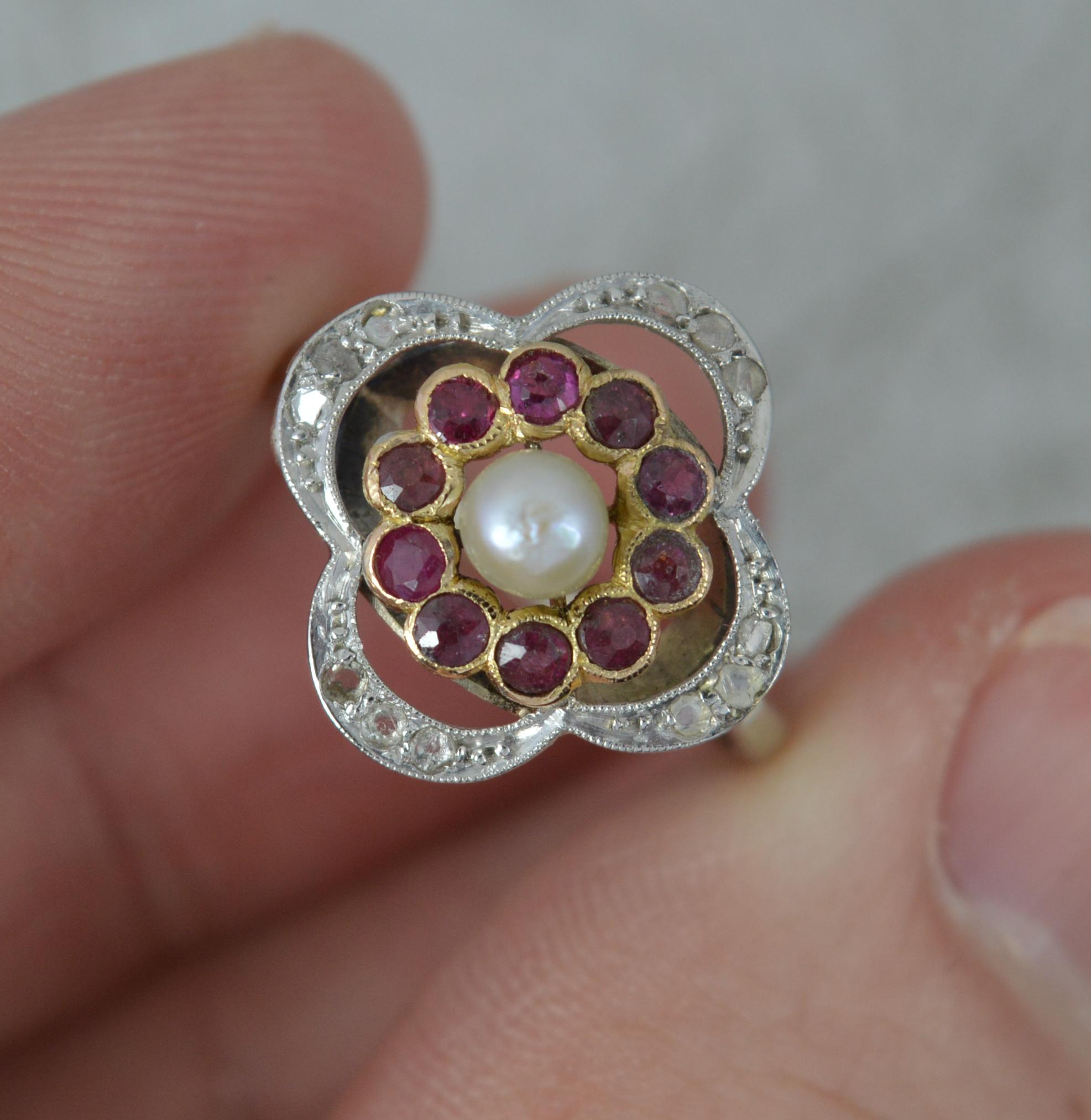 Edwardian Pearl Ruby and Diamond 18ct White Gold Quatrefoil Cluster Ring For Sale 1