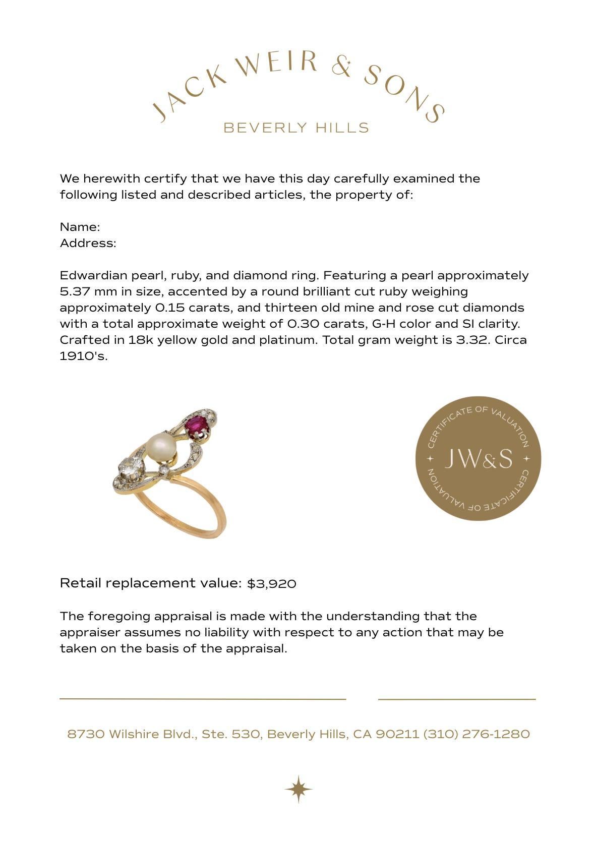 Bague édouardienne en or jaune 18k avec perles, rubis et diamants Pour femmes en vente