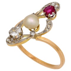 Edwardian pearl ruby diamond 18k yellow gold ring
