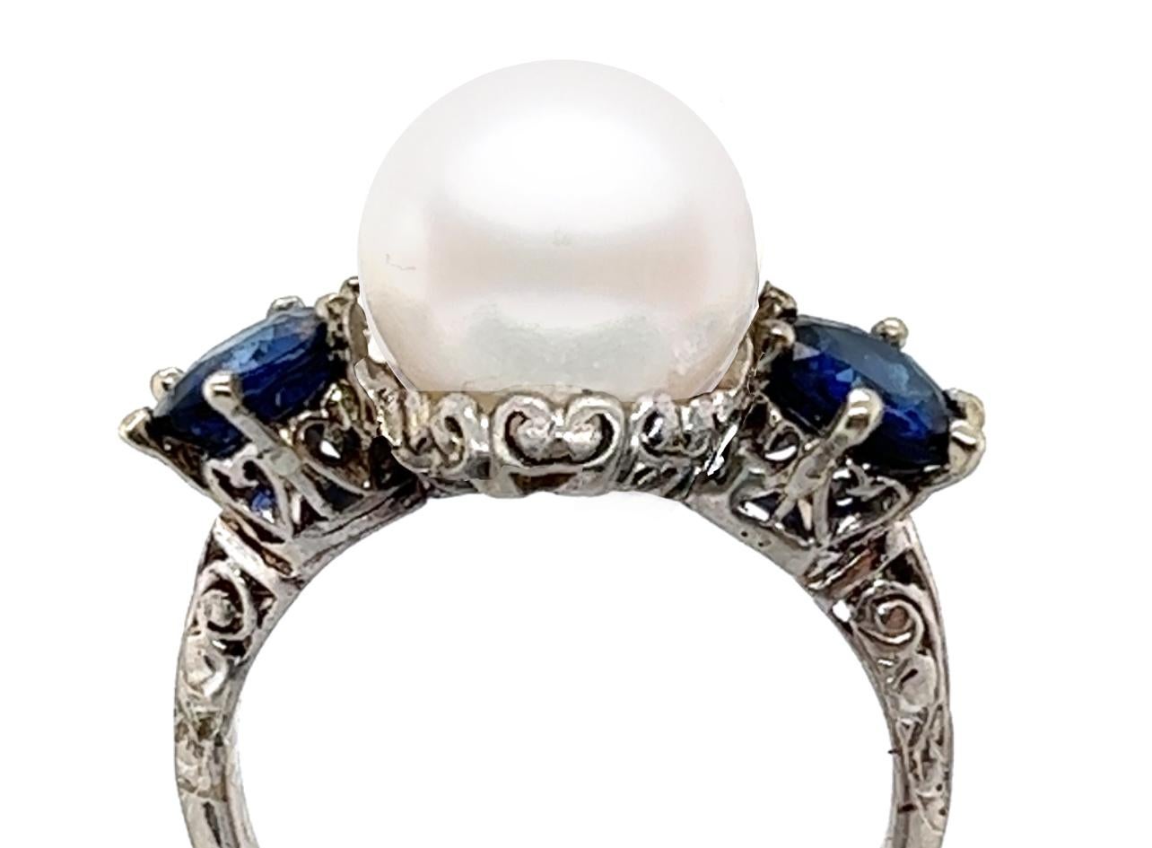 Round Cut Edwardian Pearl Sapphire 3 Stone Engagement Ring 1.70ct Platinum Original 1900 For Sale