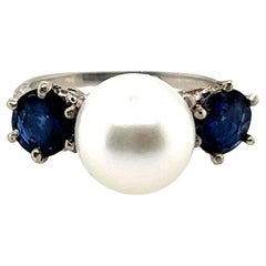 Edwardian Pearl Sapphire 3 Stone Engagement Ring 1.70ct Platinum Antique Origina