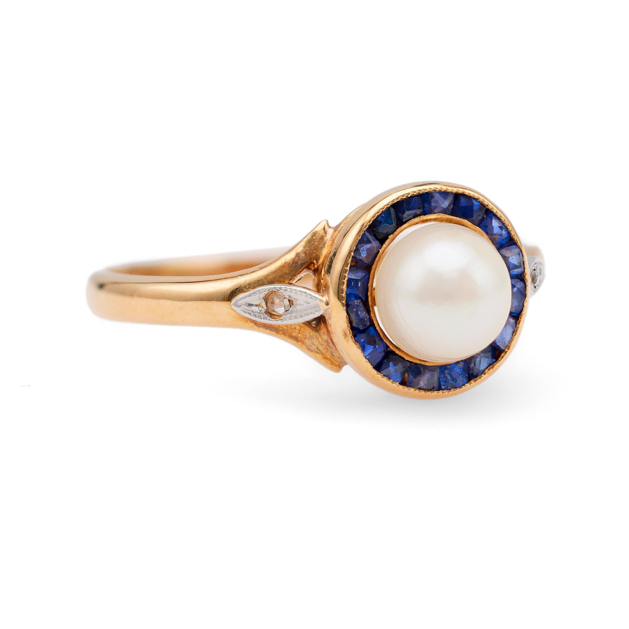 Edwardian Pearl Sapphire Diamond 18k Yellow Gold Platinum Ring In Good Condition For Sale In Beverly Hills, CA