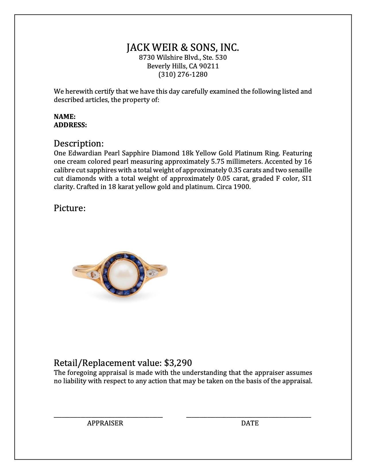 Women's or Men's Edwardian Pearl Sapphire Diamond 18k Yellow Gold Platinum Ring For Sale