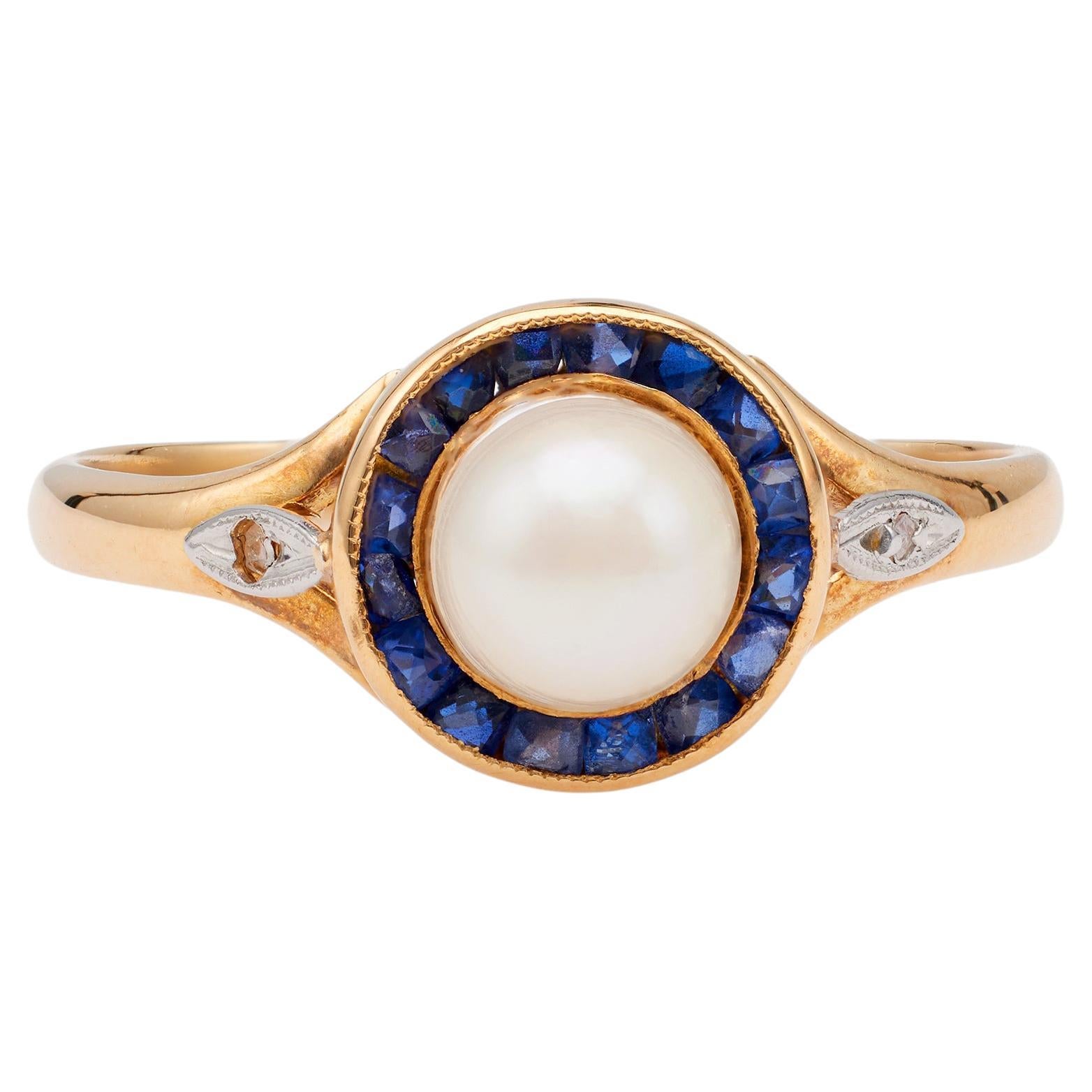 Edwardian Pearl Sapphire Diamond 18k Yellow Gold Platinum Ring For Sale