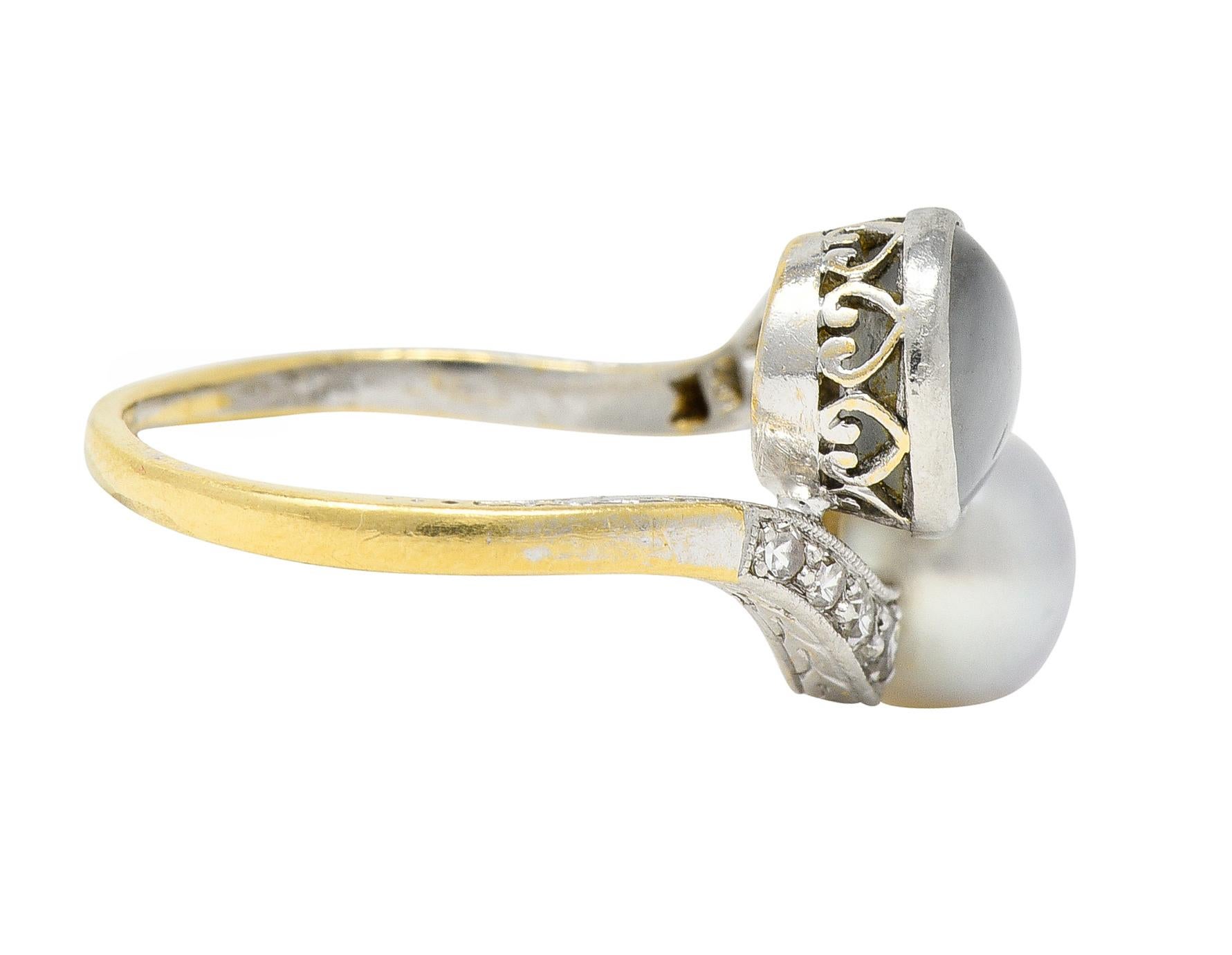 Cabochon Edwardian Pearl Star Sapphire Diamond Platinum-Topped 18 Karat Yellow Gold Ring For Sale