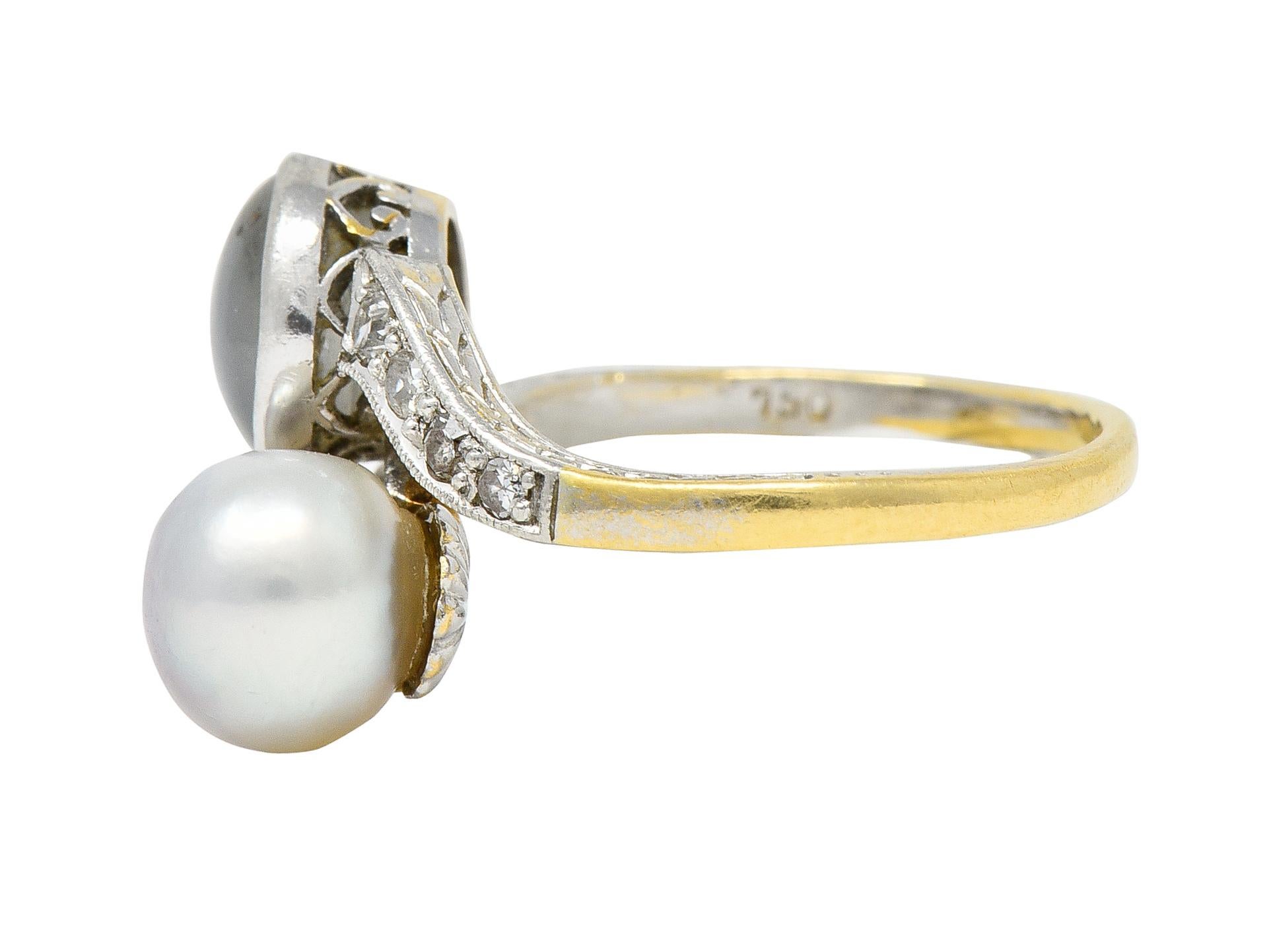 Men's Edwardian Pearl Star Sapphire Diamond Platinum-Topped 18 Karat Yellow Gold Ring For Sale