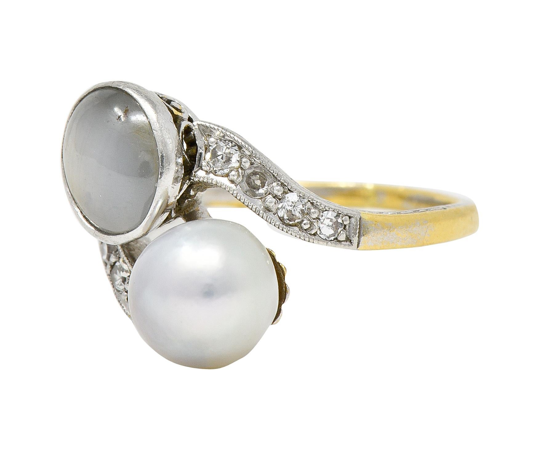 Edwardian Pearl Star Sapphire Diamond Platinum-Topped 18 Karat Yellow Gold Ring For Sale 1