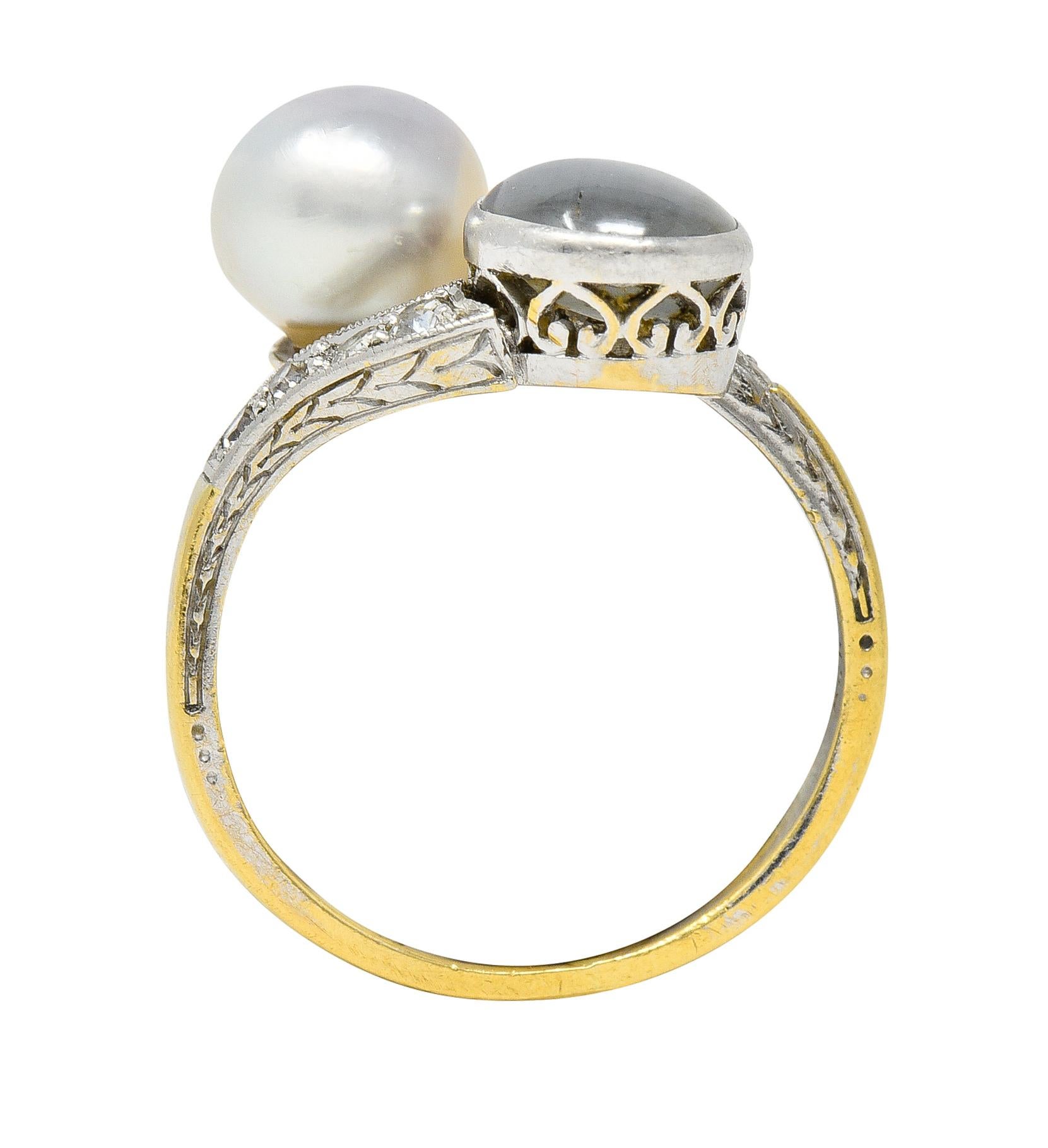 Edwardian Pearl Star Sapphire Diamond Platinum-Topped 18 Karat Yellow Gold Ring For Sale 3