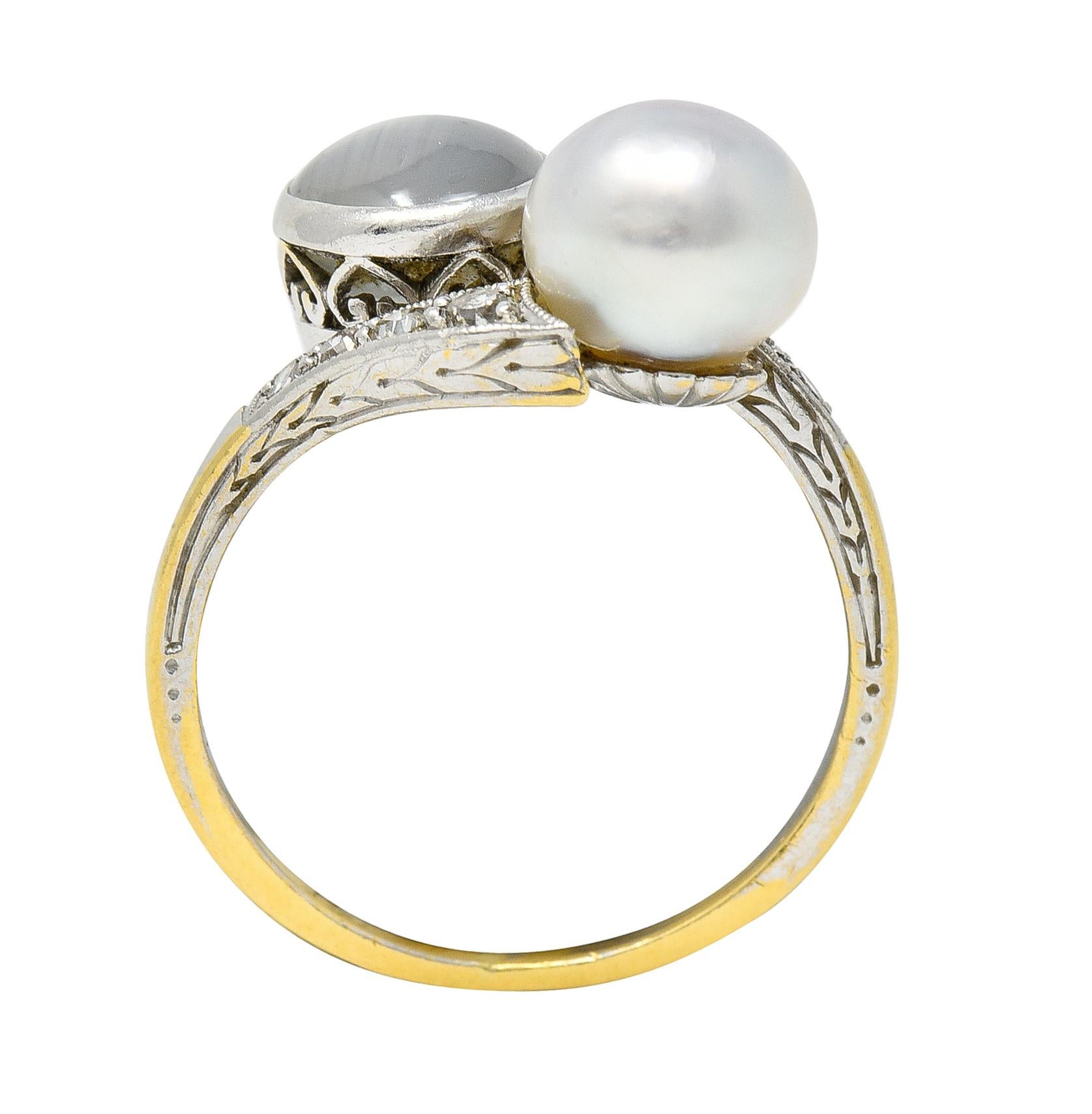 Edwardian Pearl Star Sapphire Diamond Platinum-Topped 18 Karat Yellow Gold Ring For Sale 4