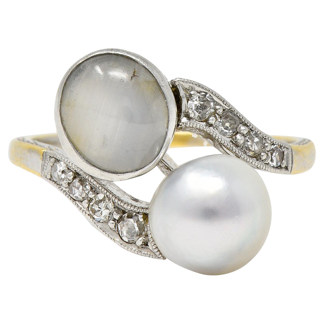 Edwardian Pearl Star Sapphire Diamond Platinum-Topped 18 Karat Yellow Gold Ring For Sale