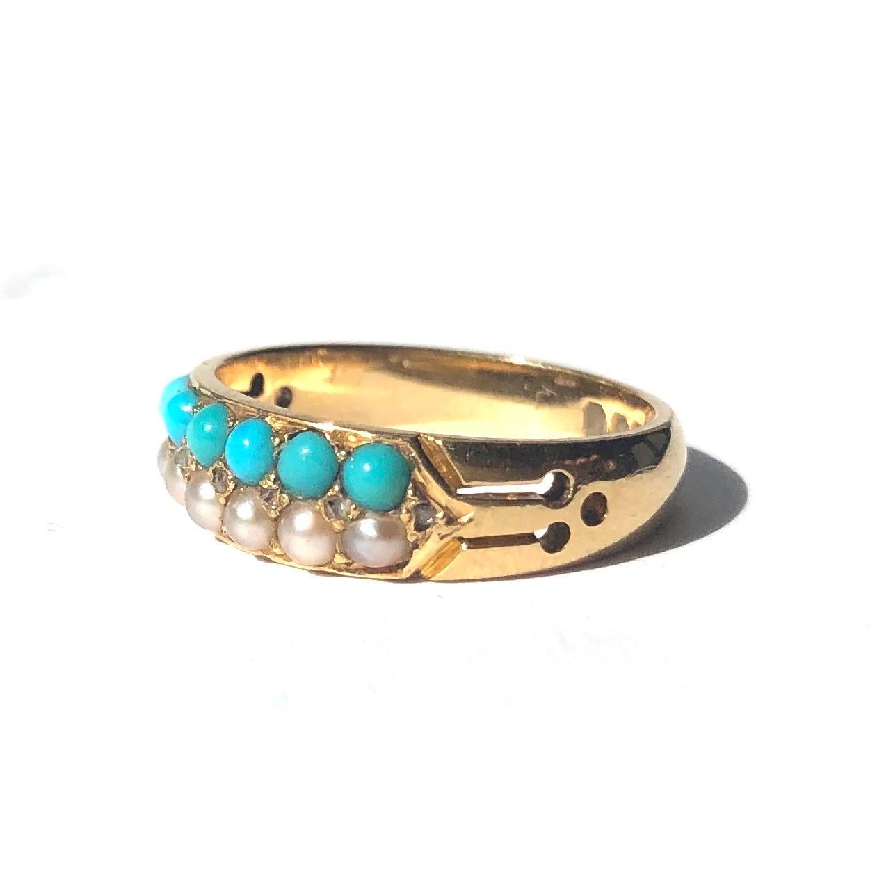 The pop of the turquoise next to the 18ct gold and pearls is percent. In between the gorgeous rows of turquoise and pearls is a sparkling row of rose cut diamonds. The shoulders have line and dot cut out detail which then carry on to the smooth