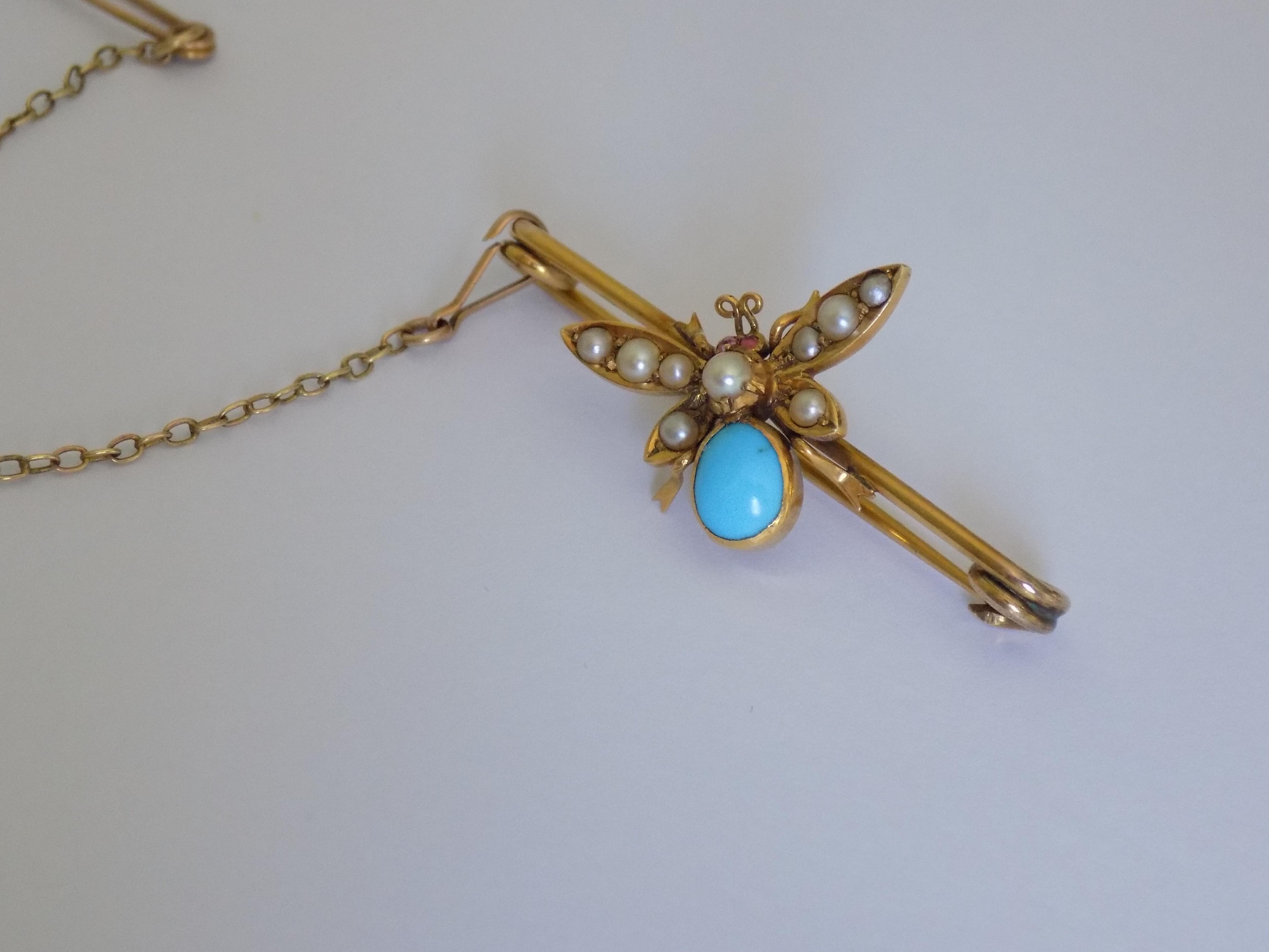 Cabochon Edwardian Pearl Turquoise Gold Butterfly Bar Brooch For Sale