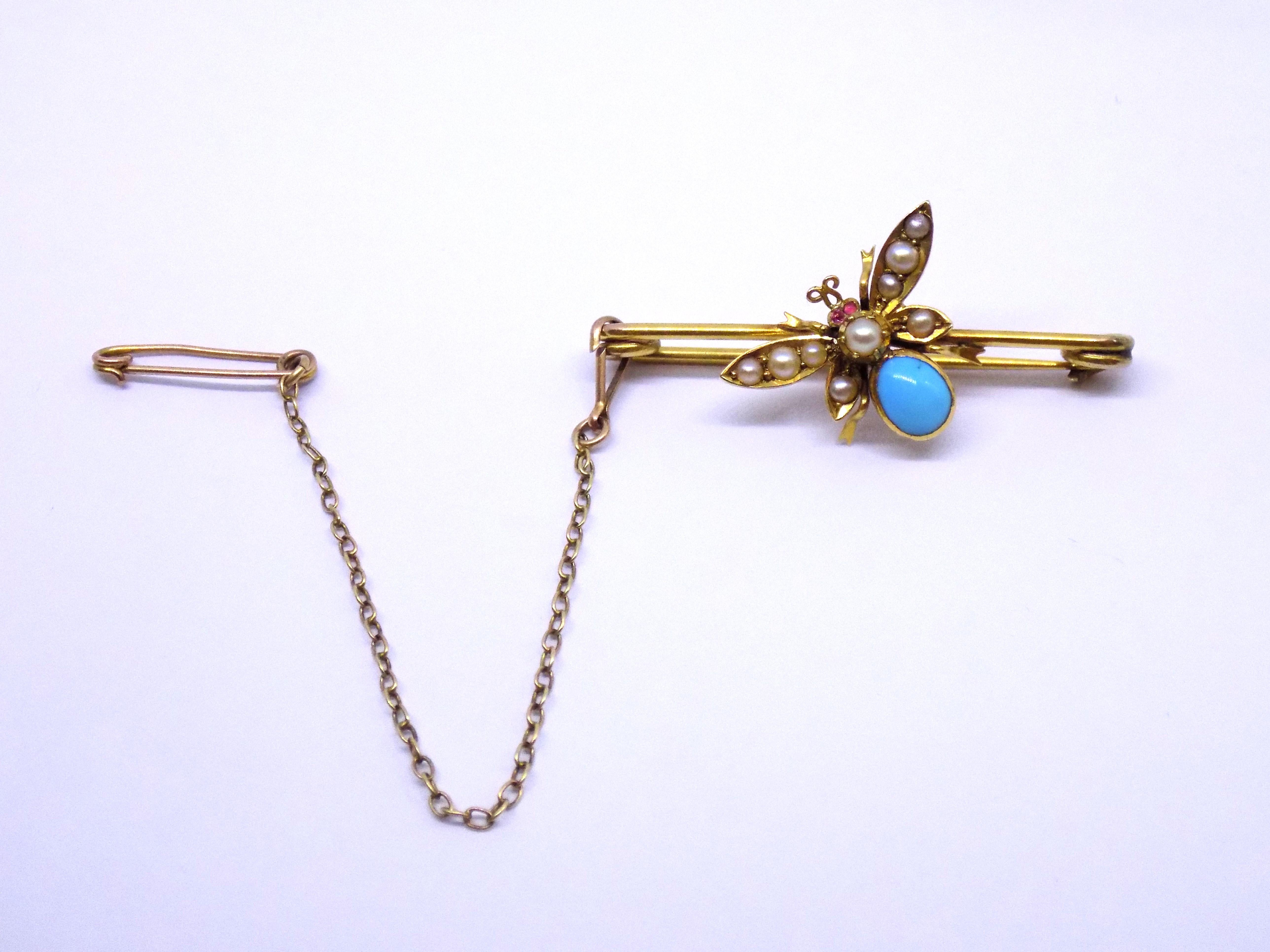 Edwardian Pearl Turquoise Gold Butterfly Bar Brooch For Sale 2