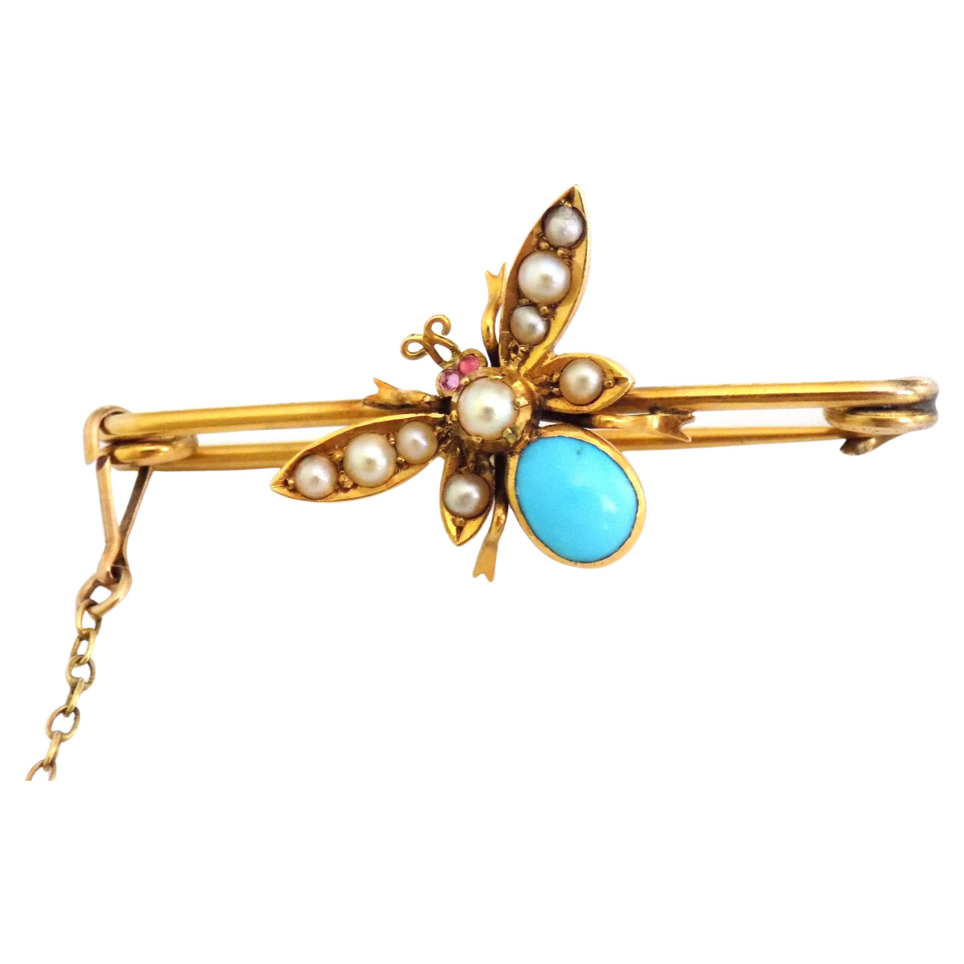 Edwardian Pearl Turquoise Gold Butterfly Bar Brooch