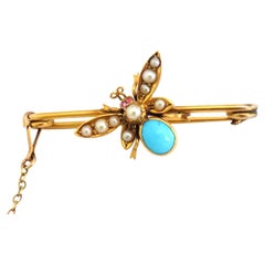 Antique Edwardian Pearl Turquoise Gold Butterfly Bar Brooch