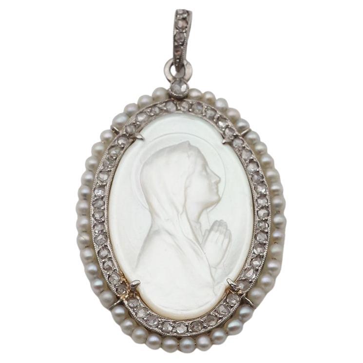 Ciondolo perla edoardiano della Vergine Maria in platino, ciondolo Belle Epoque