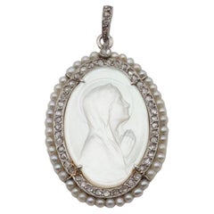 Ciondolo perla edoardiano della Vergine Maria in platino, ciondolo Belle Epoque