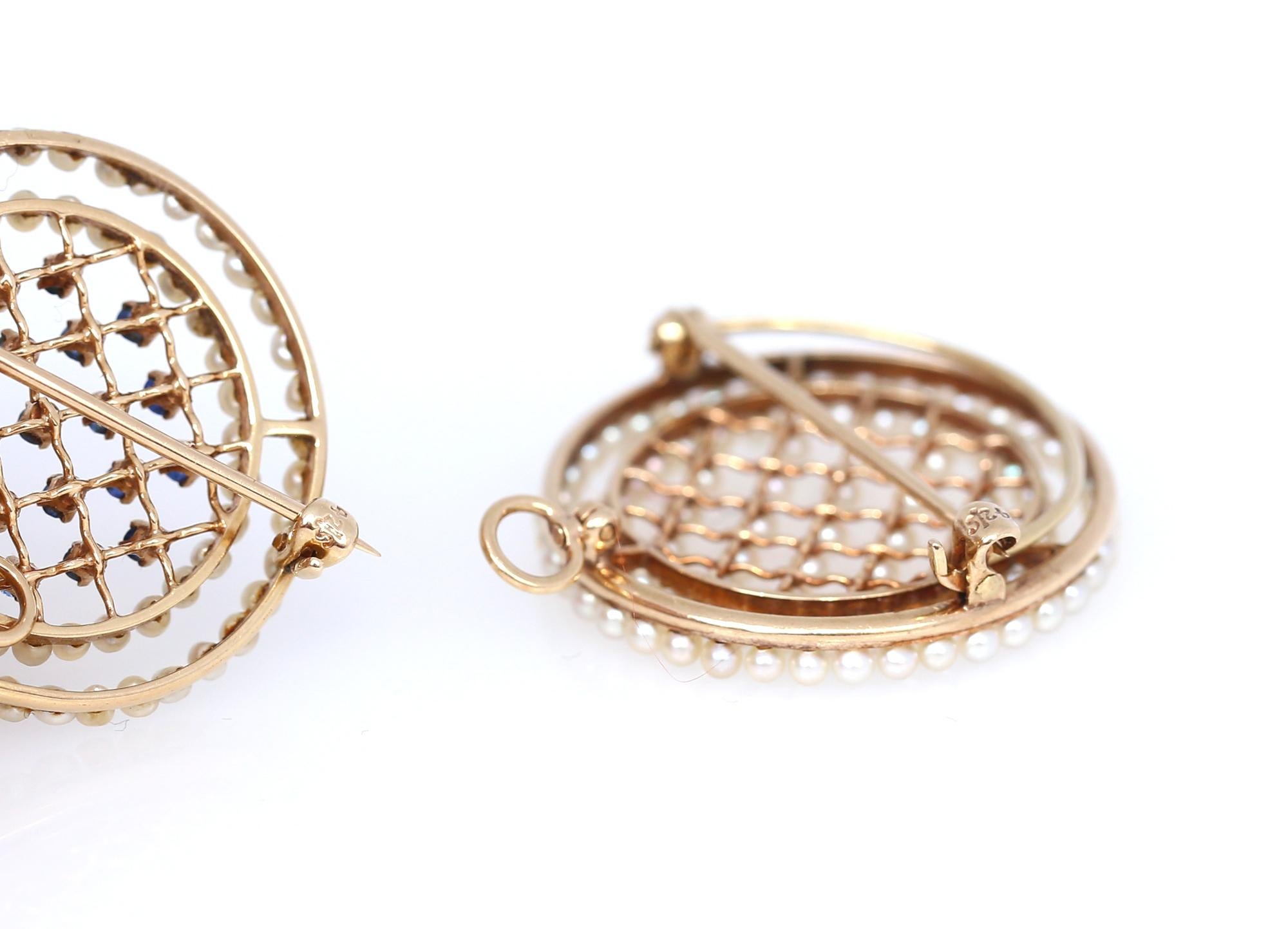 Paire de broches pendentifs édouardiennes en or jaune 14 carats avec perles et saphirs Pour femmes en vente