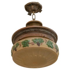Edwardian Pendant Chandelier with Bronze and Painted Grape Motif Border on Glass