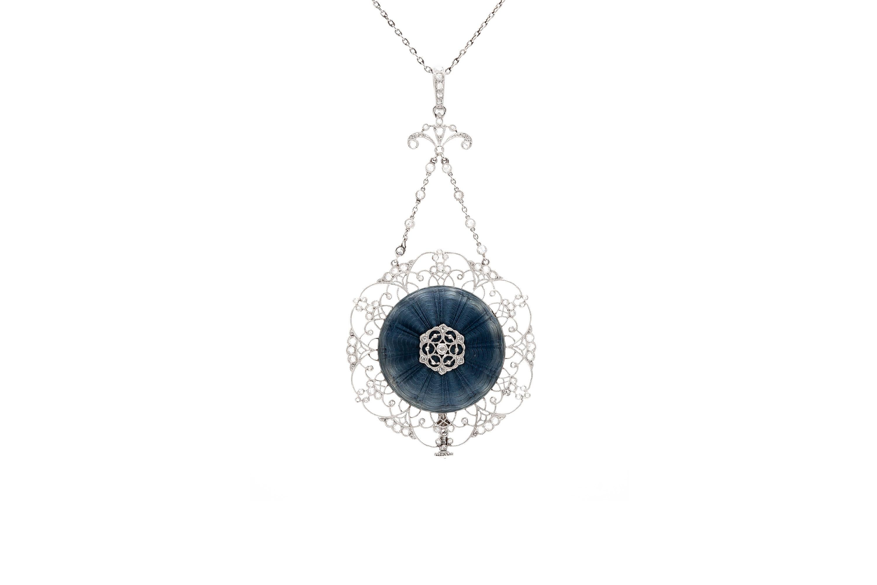 Edwardian Pendant Watch Necklace with Blue Enamel and Diamonds In Good Condition For Sale In New York, NY