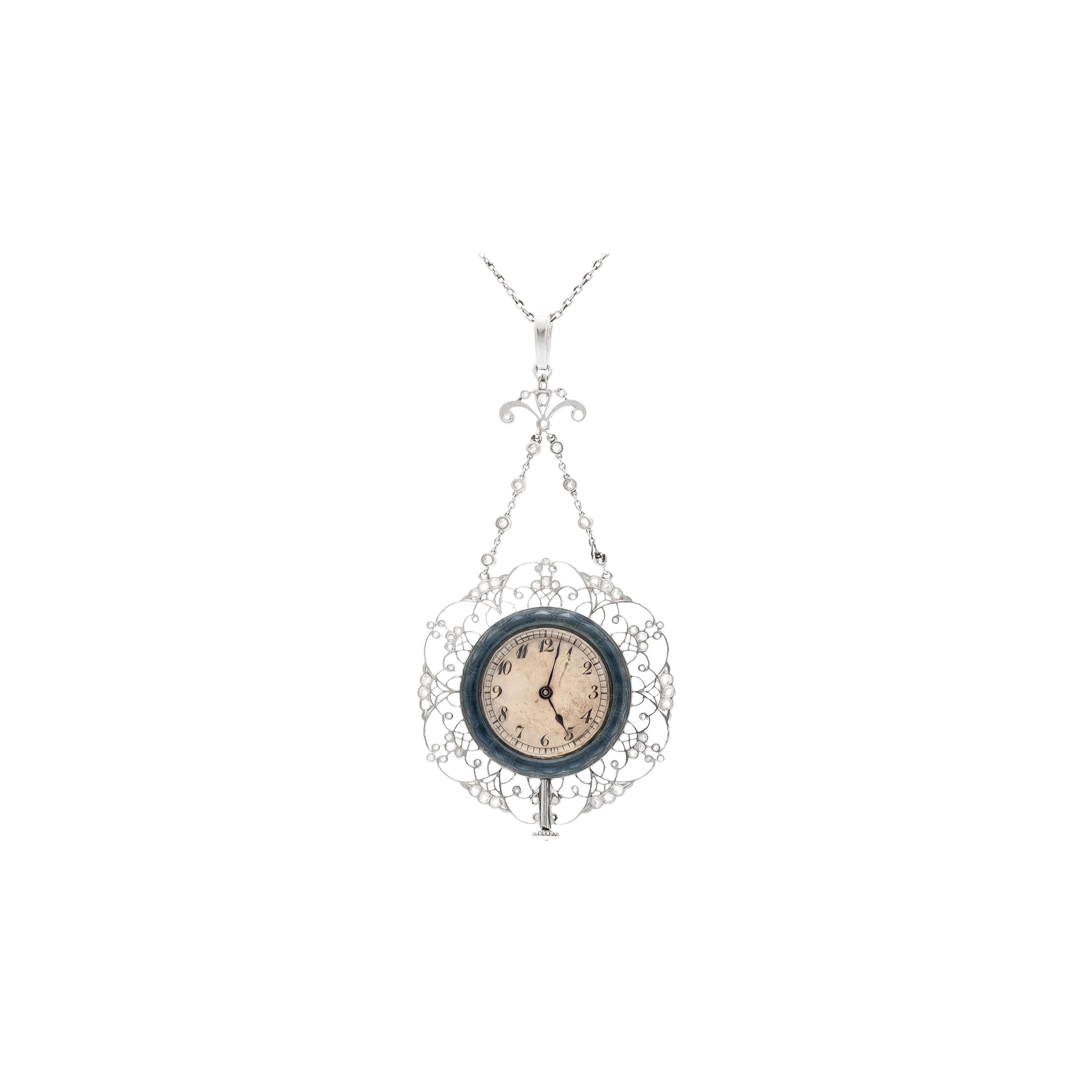 Edwardian Pendant Watch Necklace with Blue Enamel and Diamonds For Sale