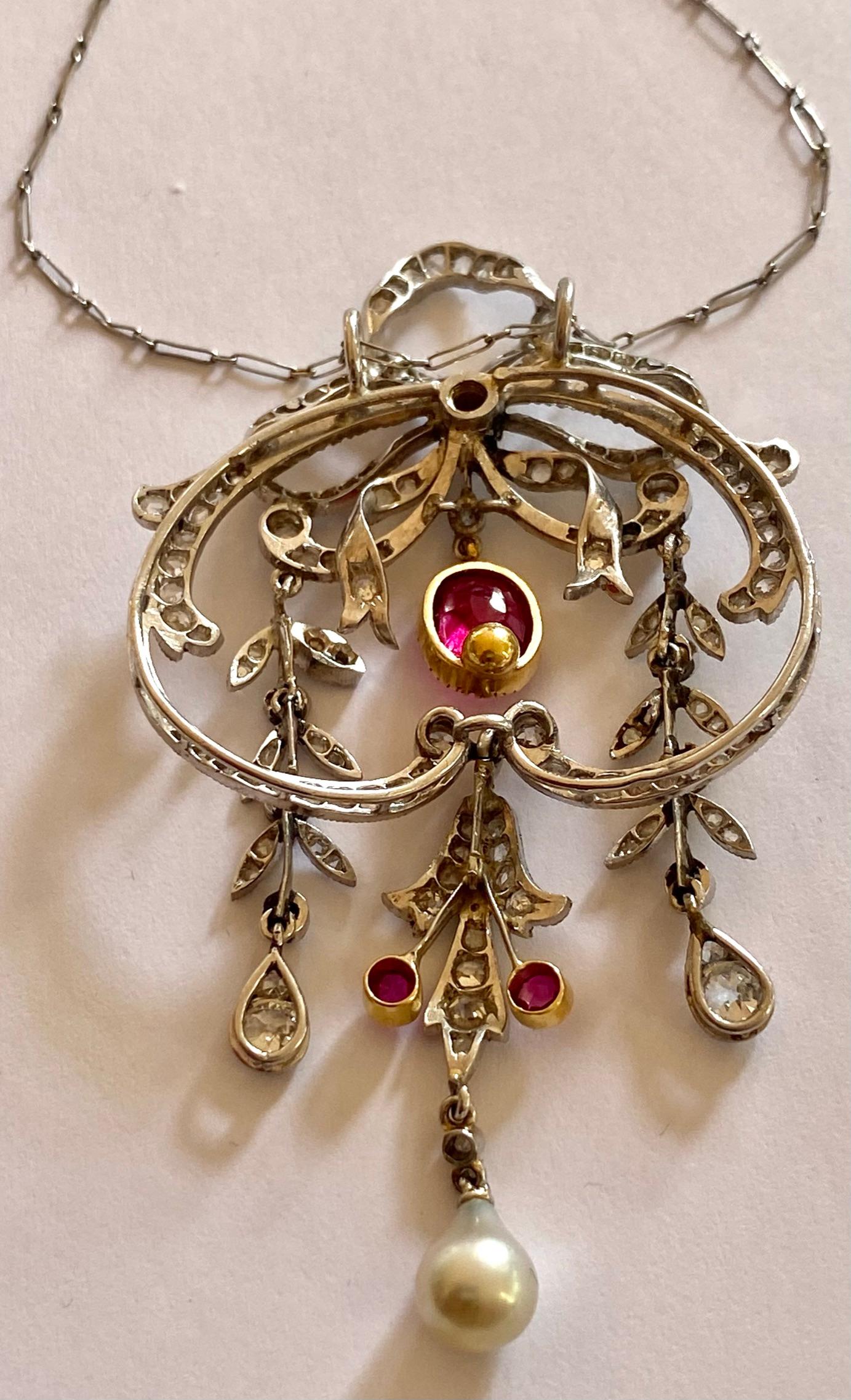 Oval Cut Edwardian Pendant with Chain / Brooch Platinum, Gold, Diamonds and Birma Ruby For Sale