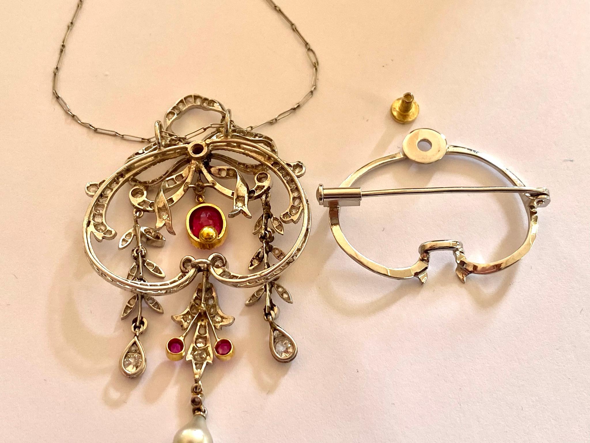 Women's Edwardian Pendant with Chain / Brooch Platinum, Gold, Diamonds and Birma Ruby For Sale