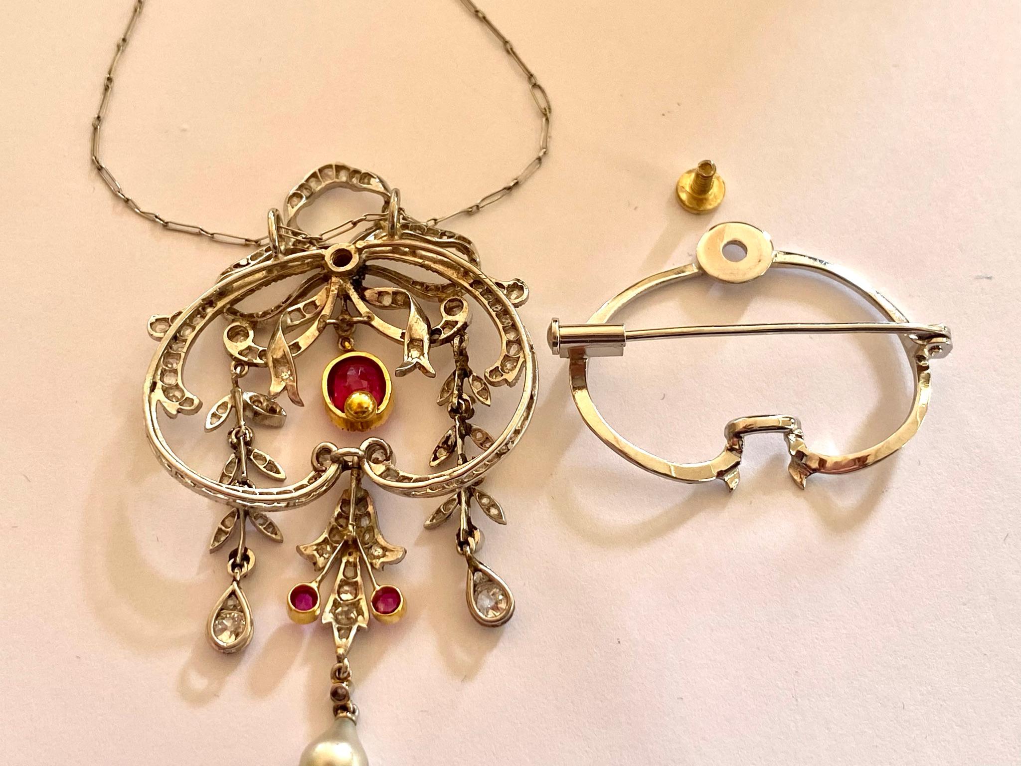 Women's Edwardian Pendant with Chain / Brooch Platinum, Gold, Diamonds and Birma Ruby