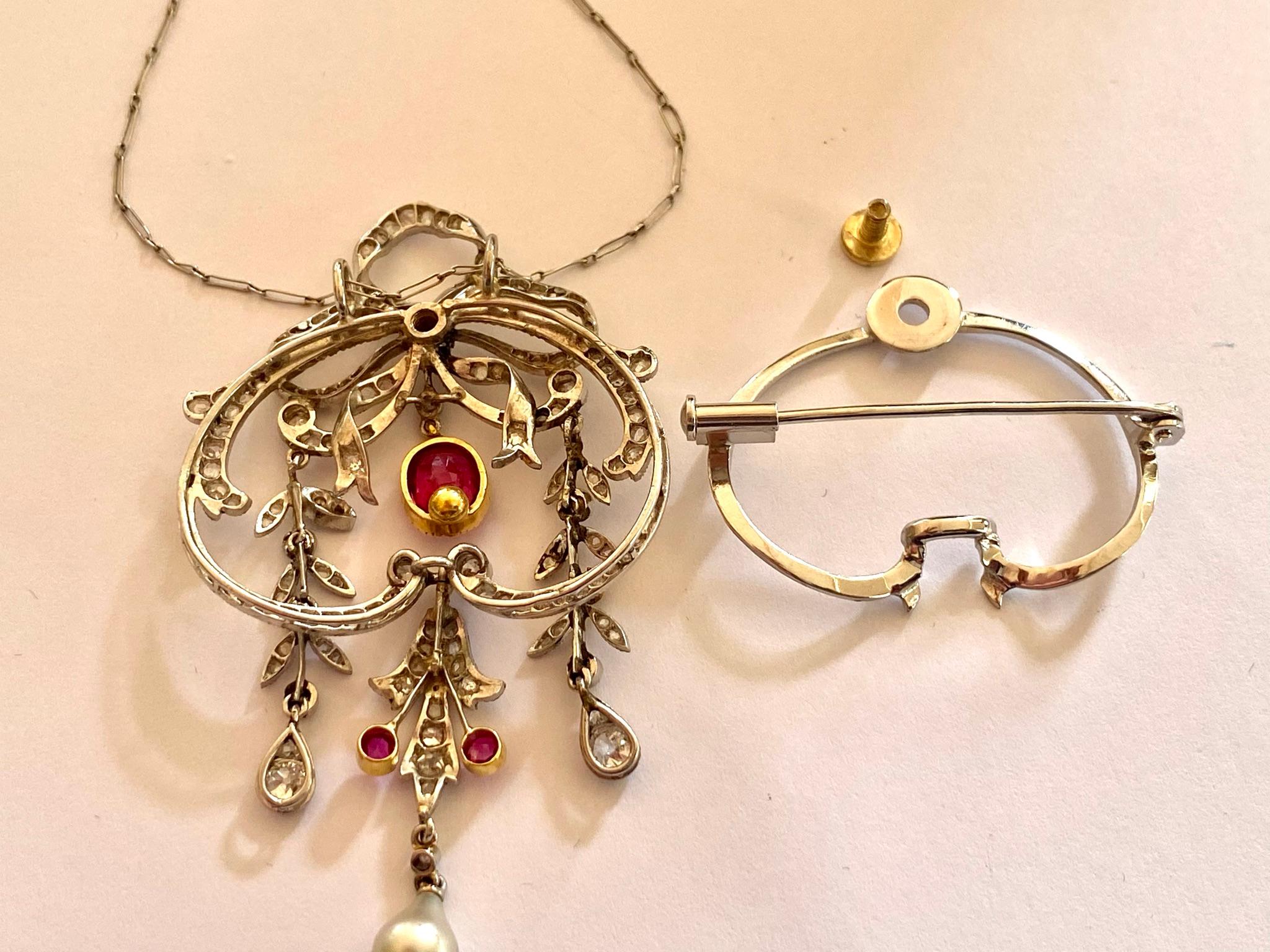 Edwardianischer Anhänger mit Kette / Brosche aus Platin, Gold, Diamanten und Birma-Rubin im Angebot 1