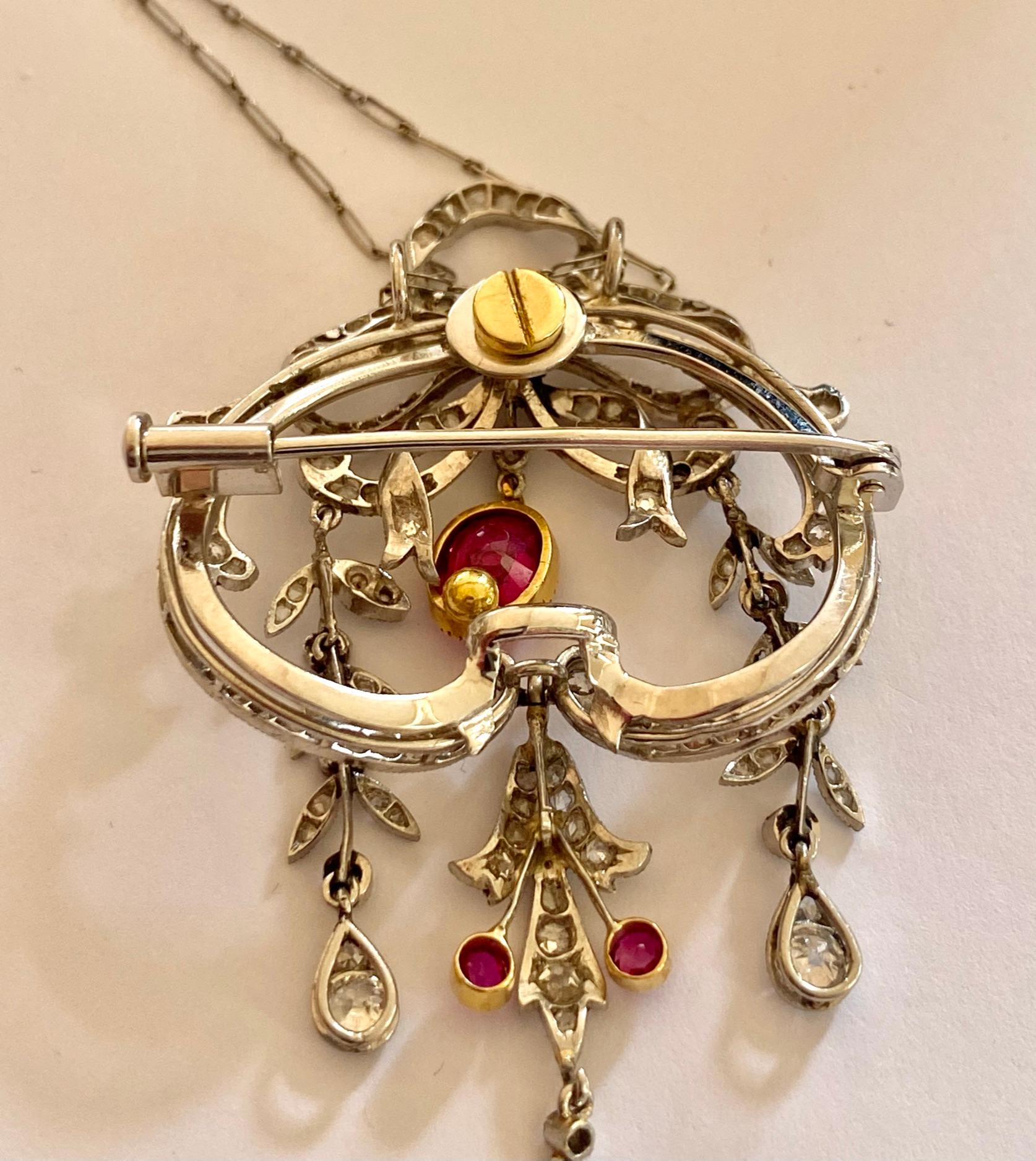 Edwardian Pendant with Chain / Brooch Platinum, Gold, Diamonds and Birma Ruby For Sale 1