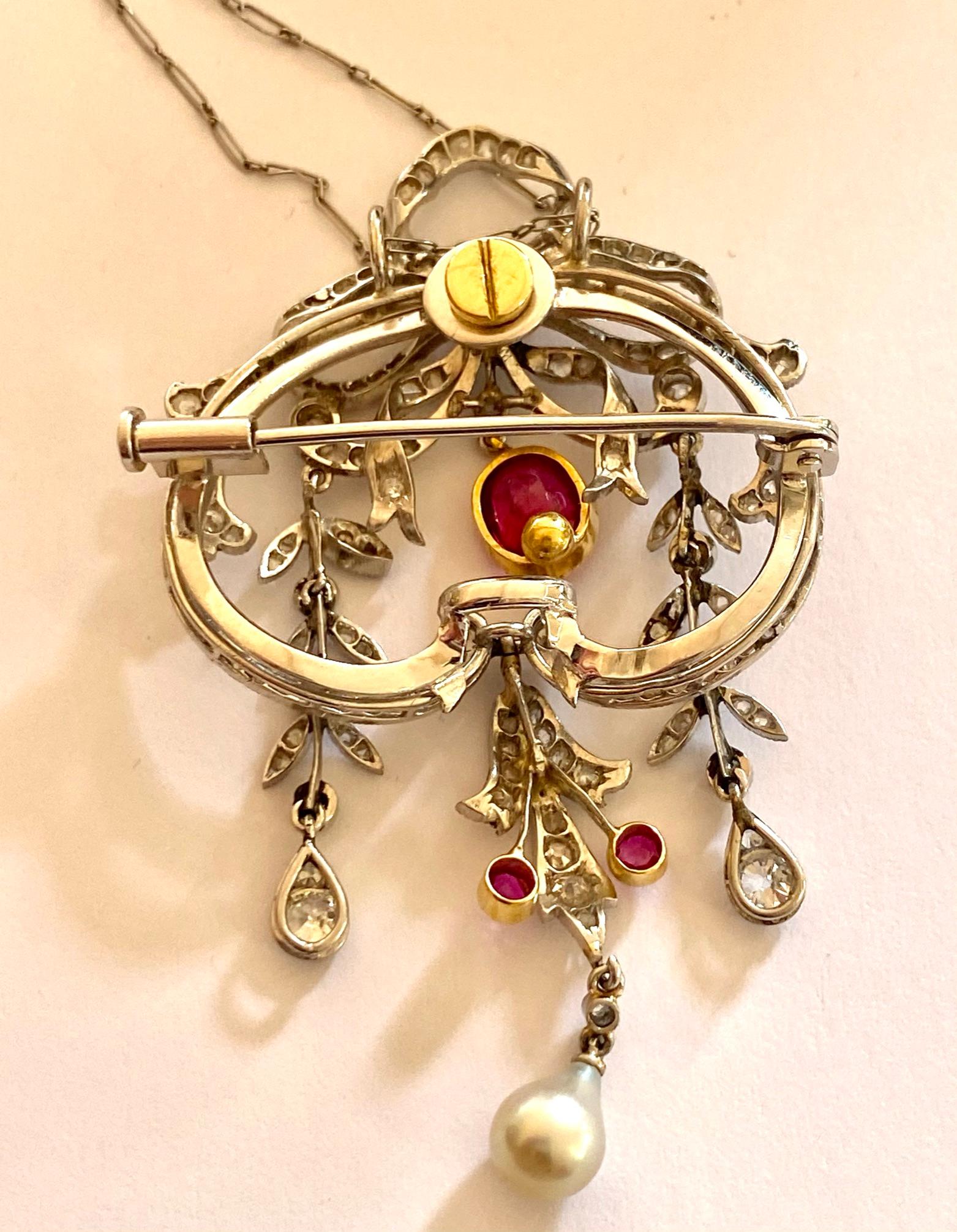Edwardian Pendant with Chain / Brooch Platinum, Gold, Diamonds and Birma Ruby For Sale 2