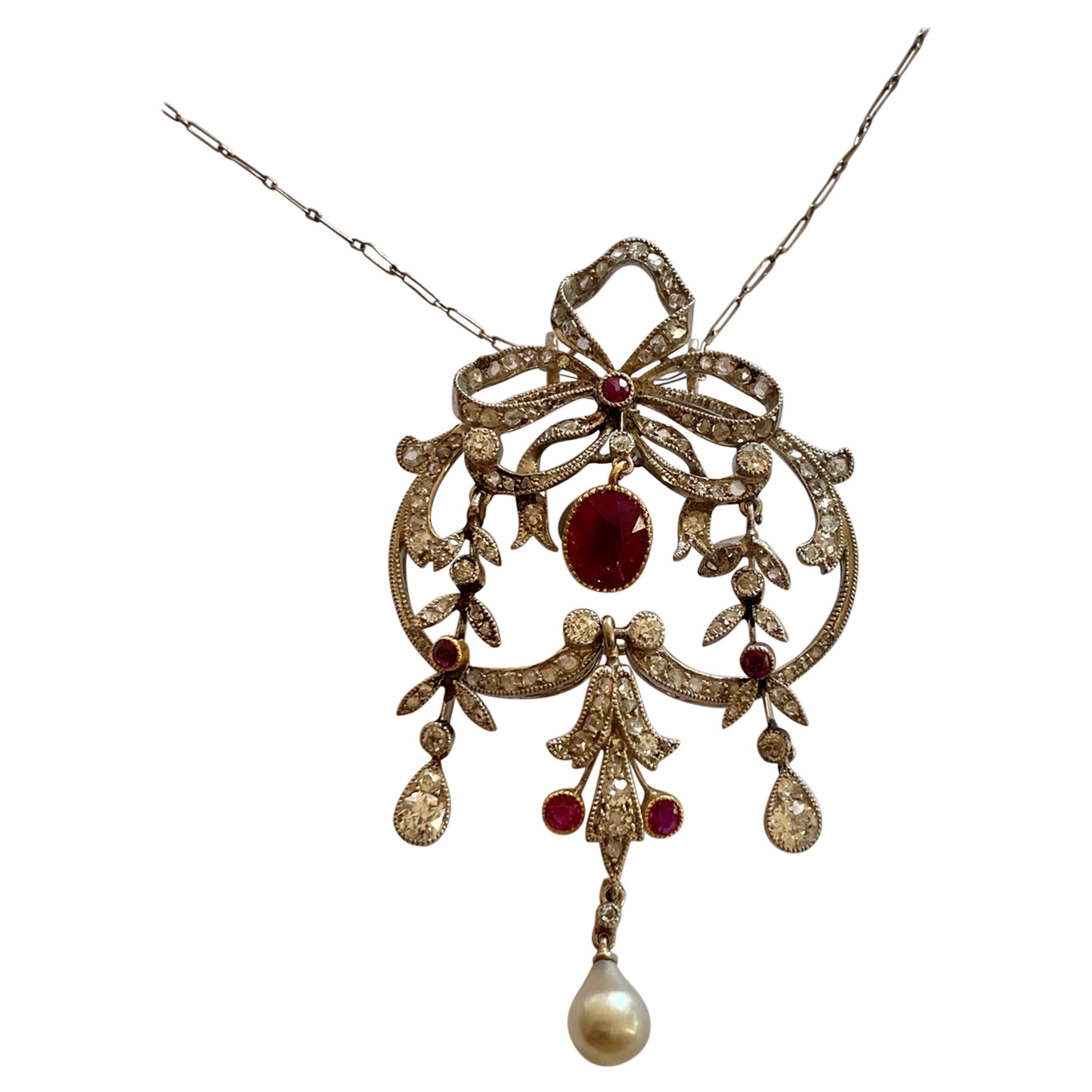 Edwardian Pendant with Chain / Brooch Platinum, Gold, Diamonds and Birma Ruby