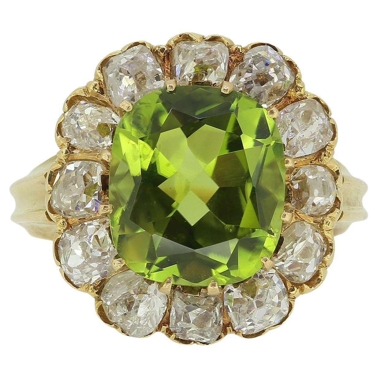 Edwardian Peridot and Old Cut Diamond Cluster Ring