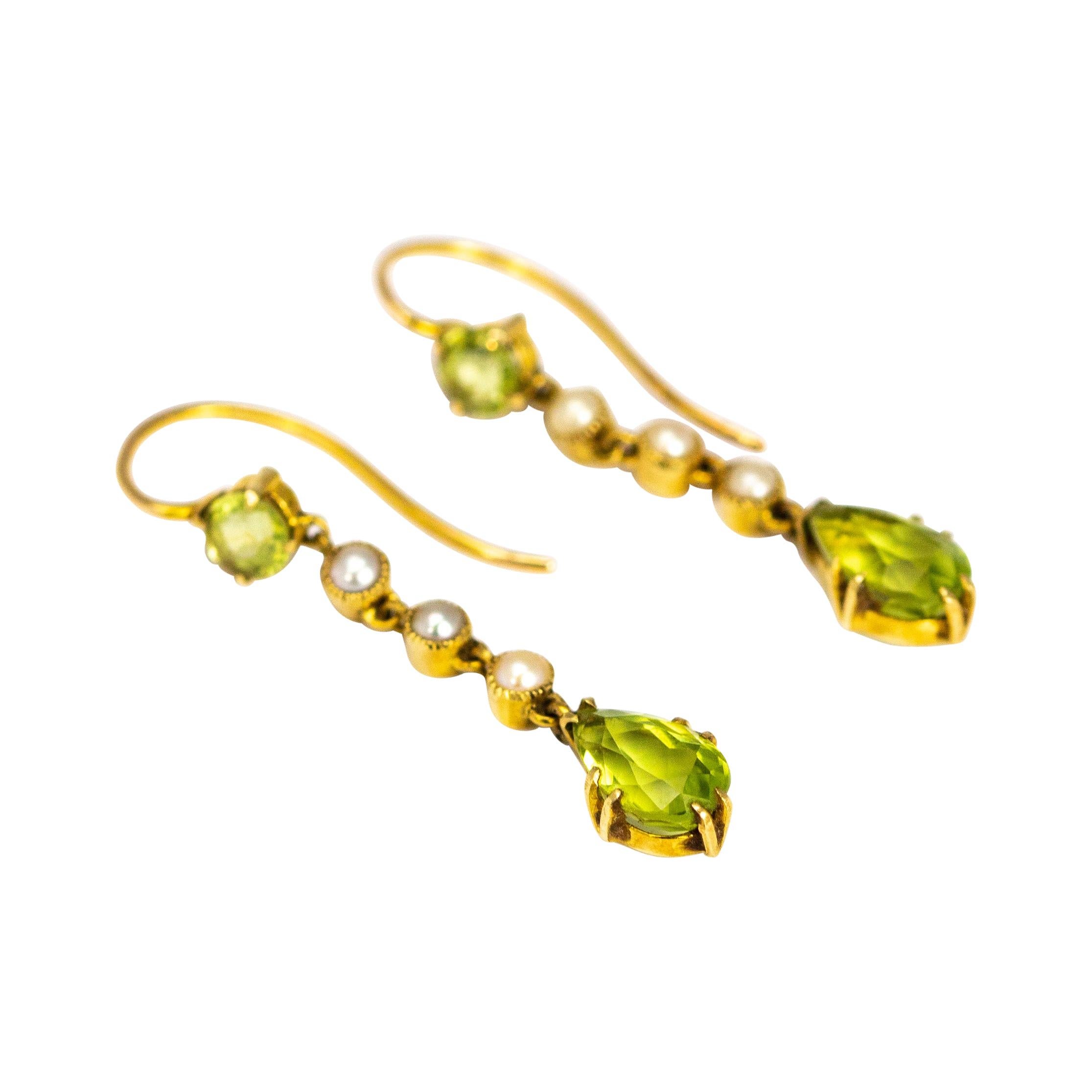 Edwardian Peridot and Pearl 15 Carat Gold Drop Earrings