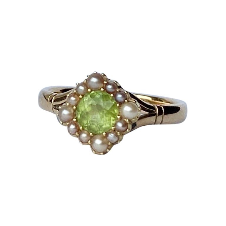 Edwardian Peridot and Pearl 9 Carat Gold Cluster Ring