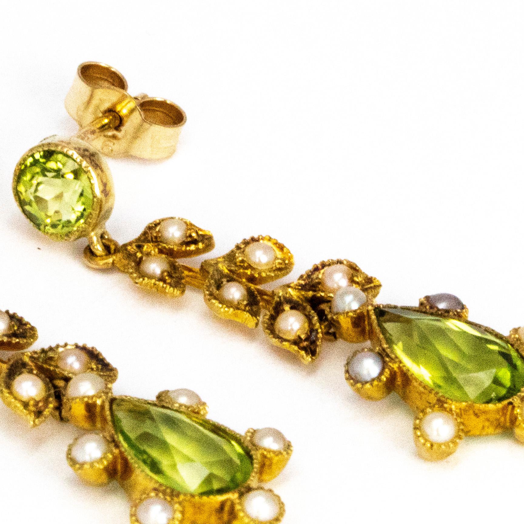 Women's or Men's Edwardian Peridot and Pearl Drop Earrings