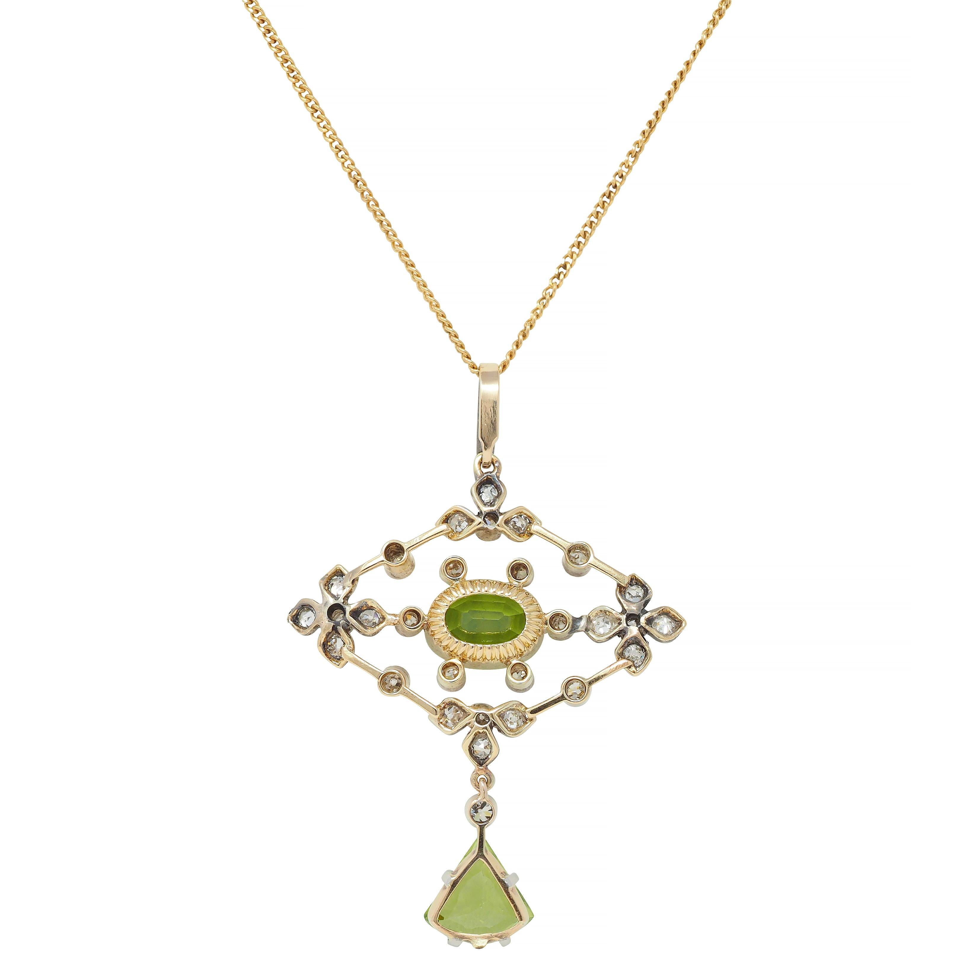 Women's or Men's Edwardian Peridot Diamond 18 Karat Gold Silver Floral Drop Pendant Necklace