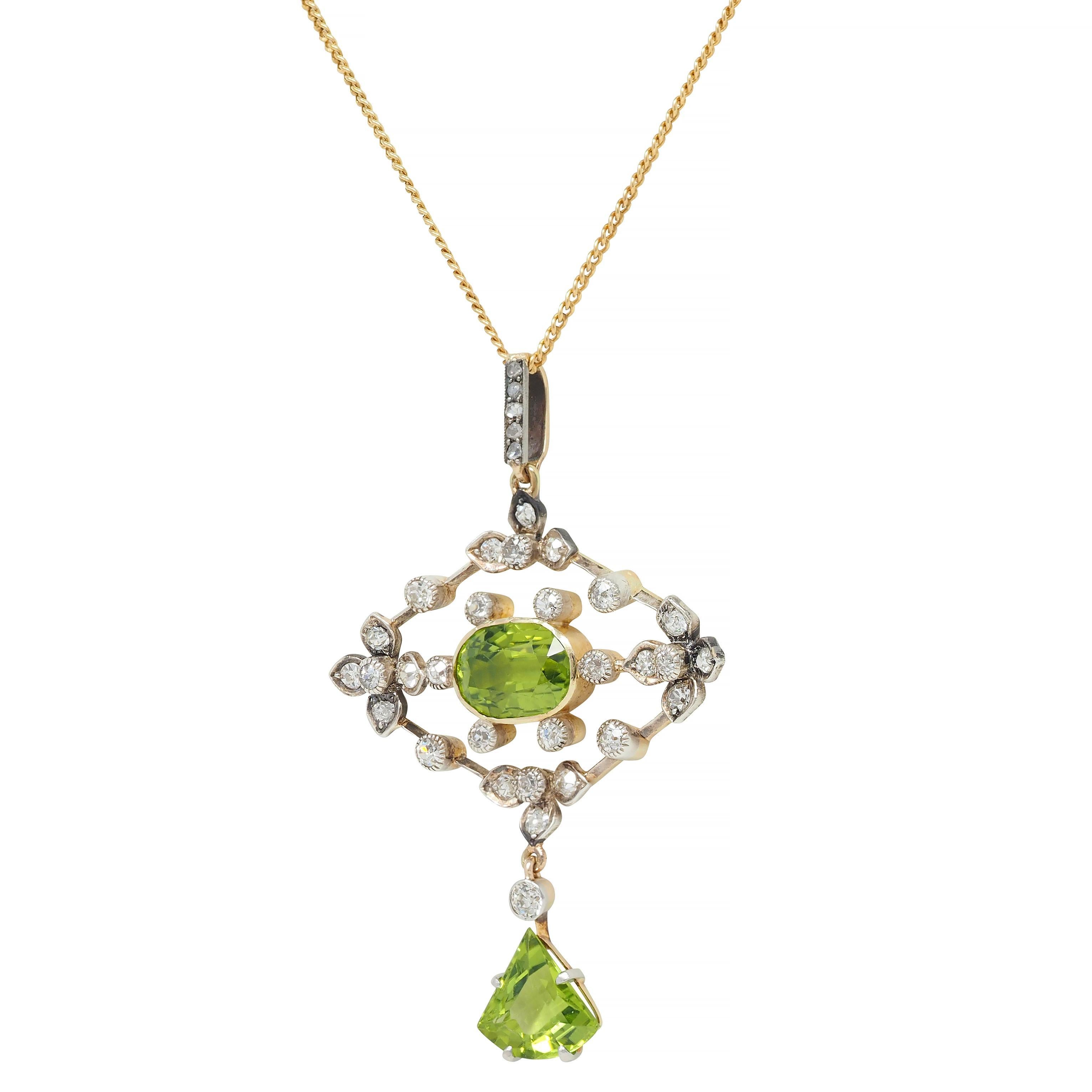 Edwardian Peridot Diamond 18 Karat Gold Silver Floral Drop Pendant Necklace 1