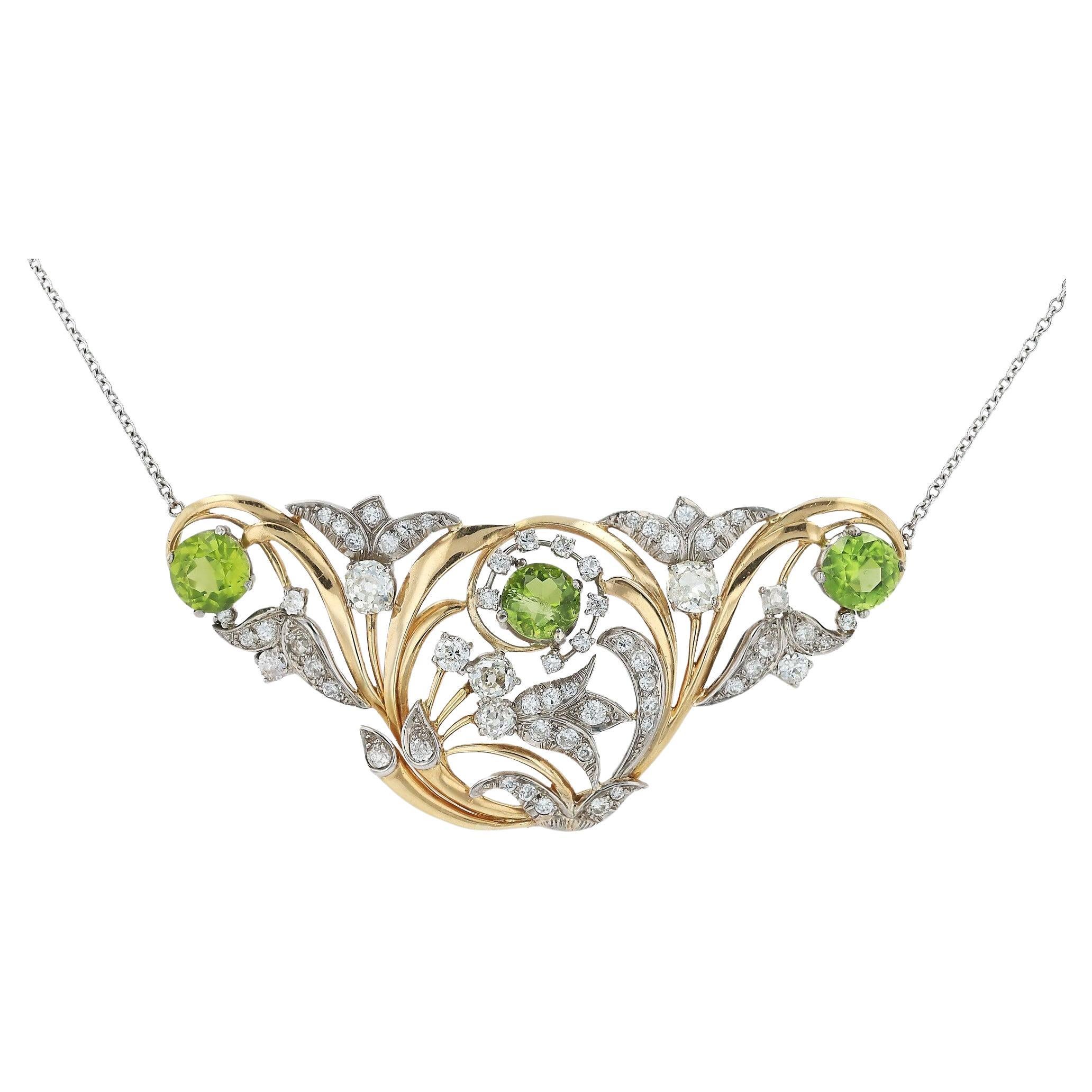 Edwardian Peridot Diamond 18K Gold And Platinum Necklace