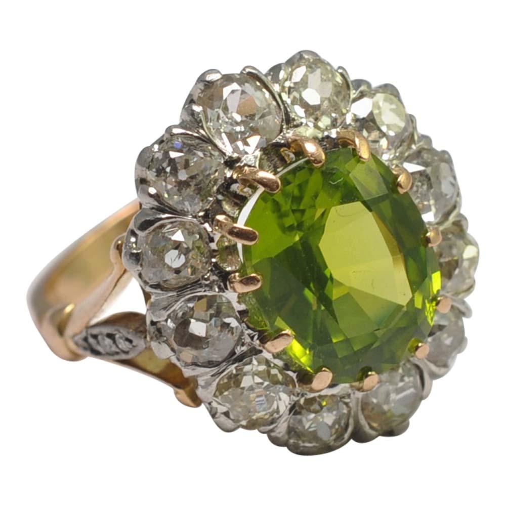 Round Cut Edwardian Peridot Diamond Cluster Gold Ring For Sale