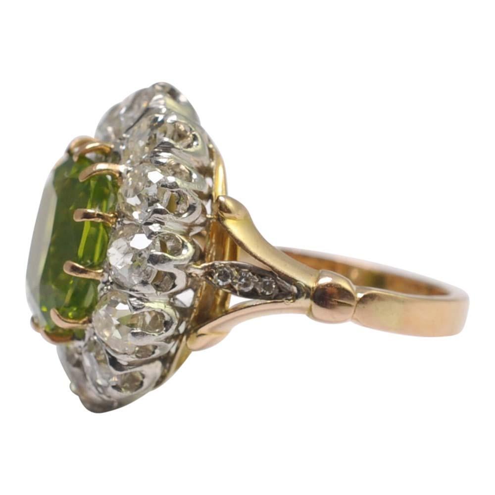 Edwardian Peridot Diamond Cluster Gold Ring In Excellent Condition For Sale In ALTRINCHAM, GB