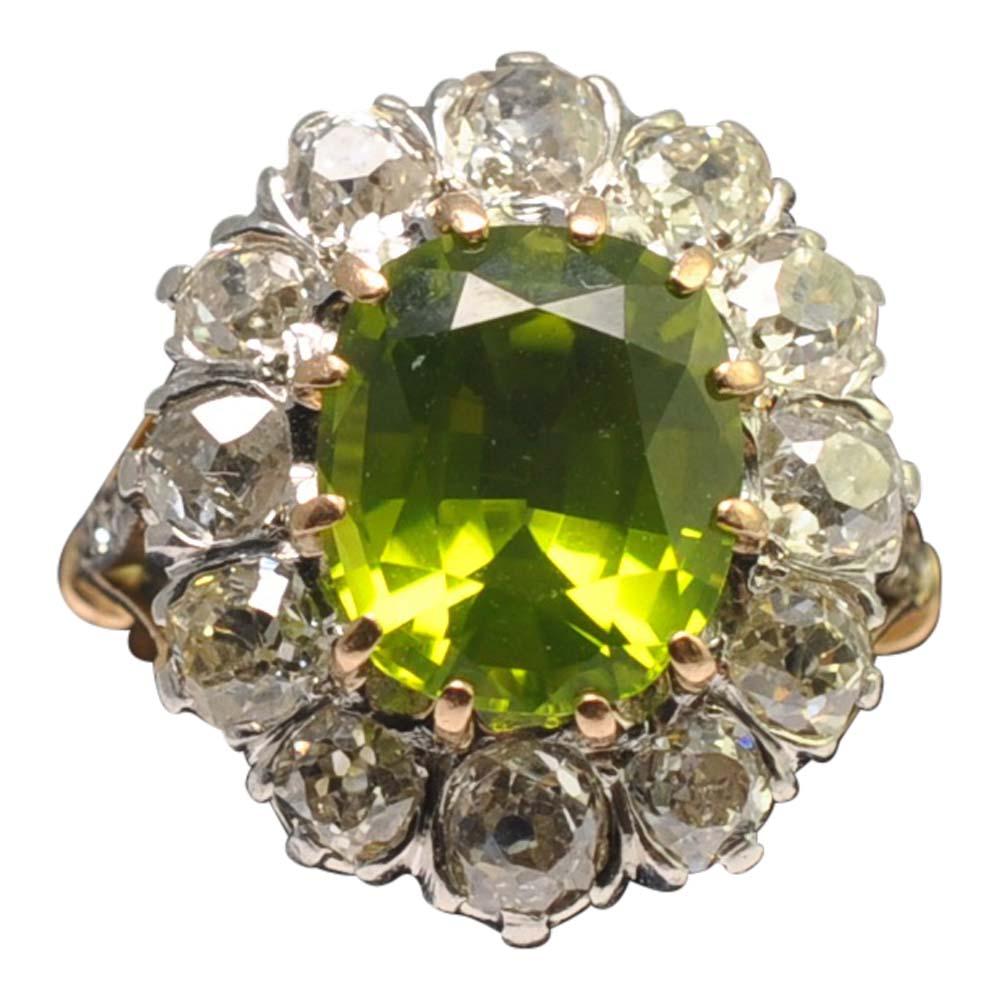 Edwardian Peridot Diamond Cluster Gold Ring For Sale