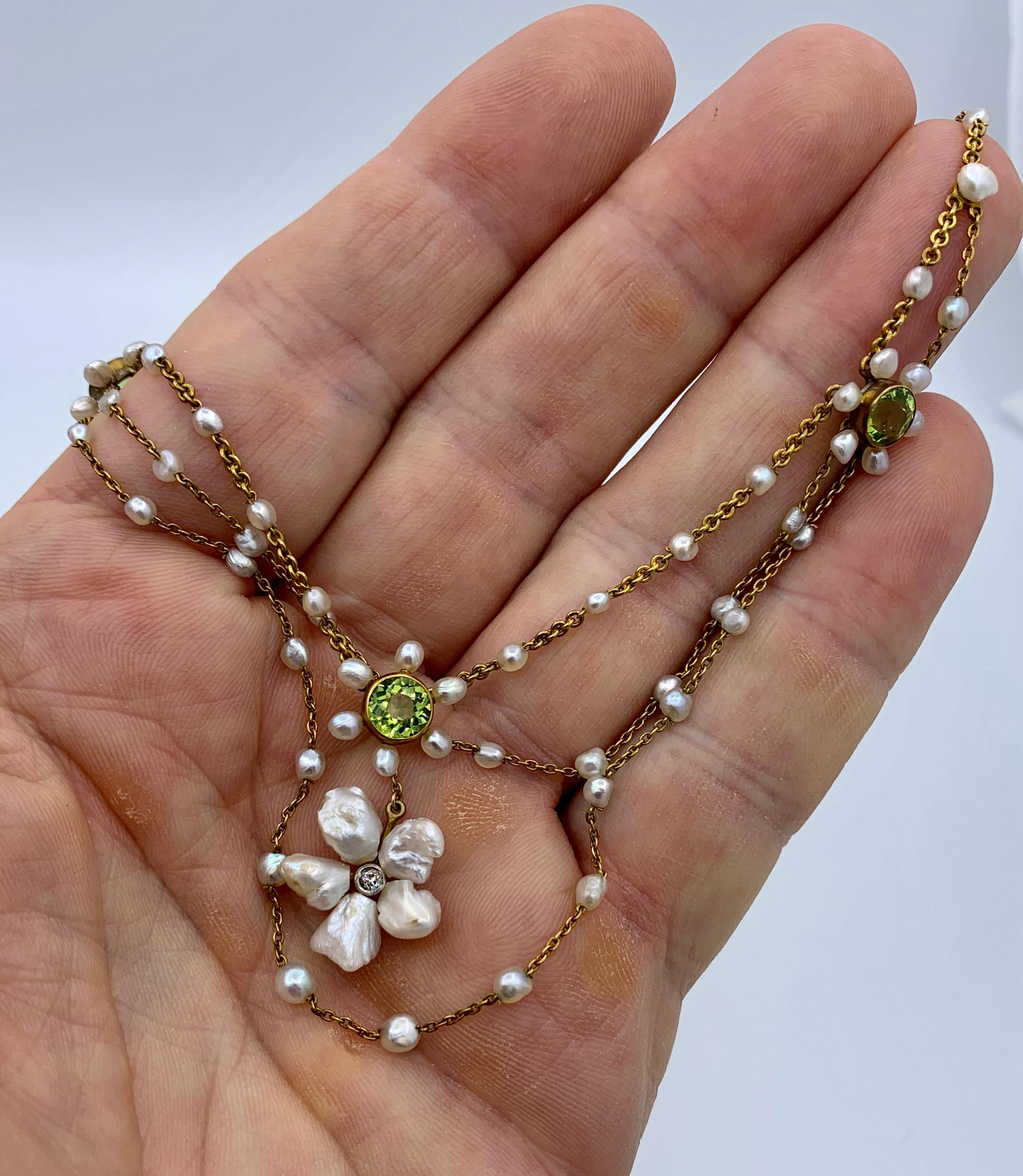 Edwardian Peridot Old Mine Diamond Pearl Festoon Swag Necklace Antique Gold For Sale 4