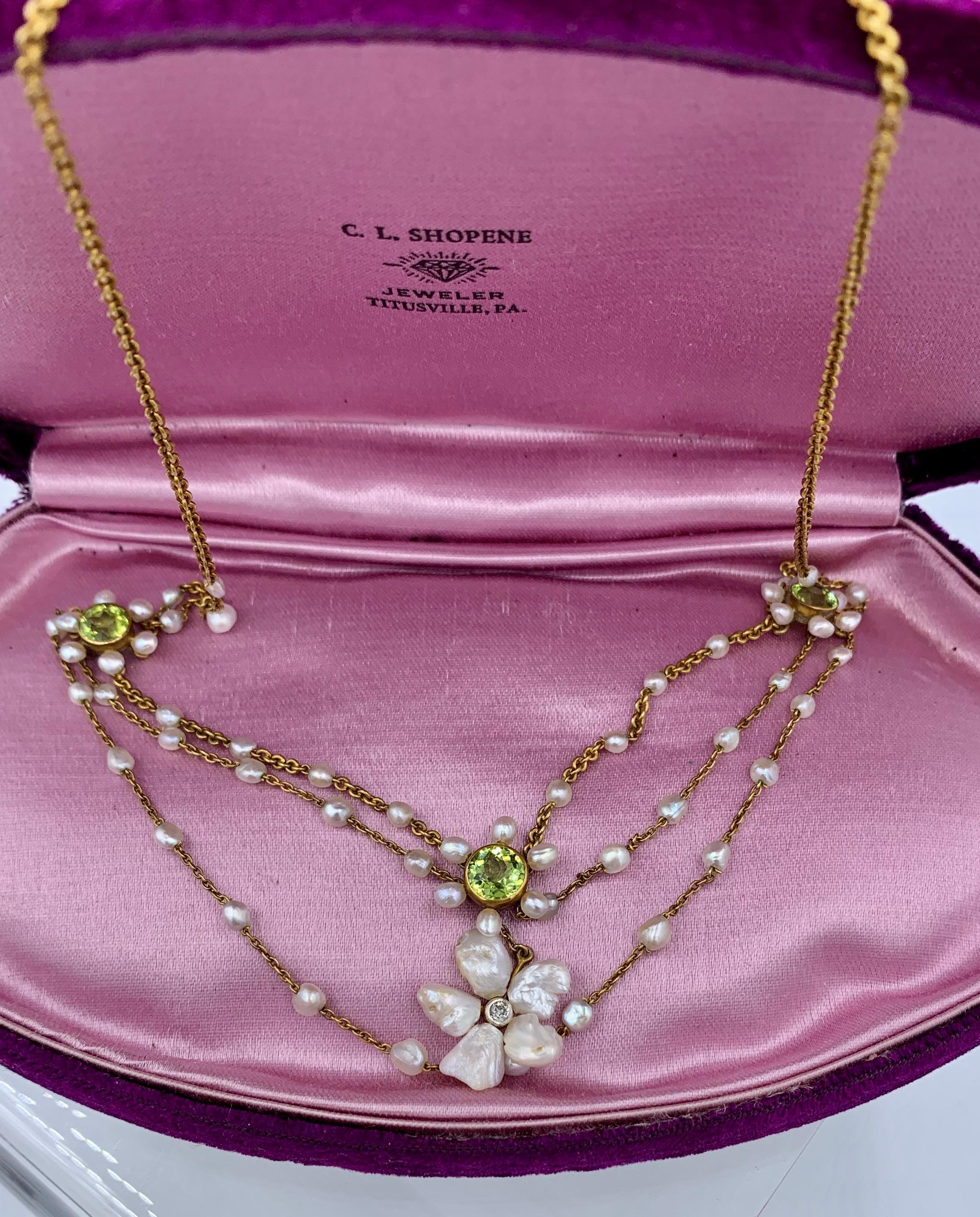 Edwardian Peridot Old Mine Diamond Pearl Festoon Swag Necklace Antique Gold For Sale 5