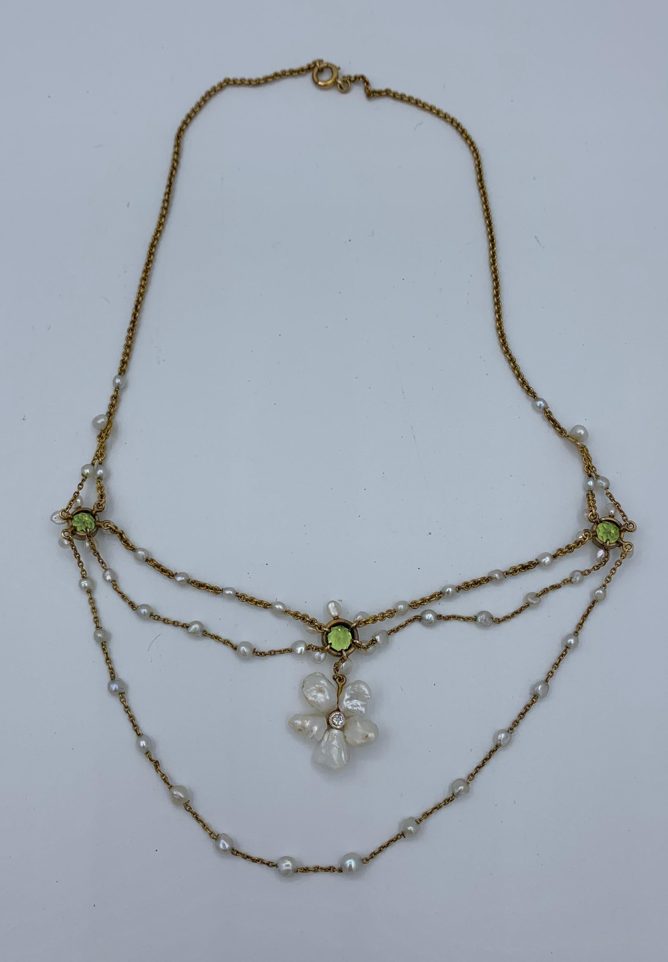 Edwardian Peridot Old Mine Diamond Pearl Festoon Swag Necklace Antique Gold For Sale 7