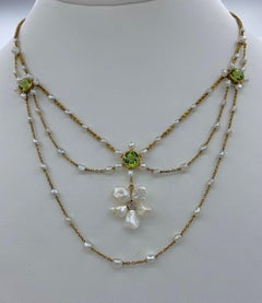 Edwardian Peridot Old Mine Diamond Pearl Festoon Swag Necklace Antique Gold